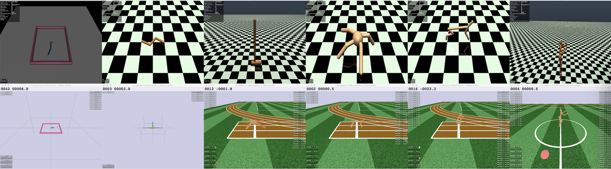 Figure 12: Benchmark Tasks: Illustration of locomotion benchmark tasks in OpenAI gym [1], rllab [35] with MuJoCo [34] as simulation engines (top row) and Roboschool with open source simulation engine [12] (bottom row). All tasks involve using sensory data as states and actuator controls as actions.