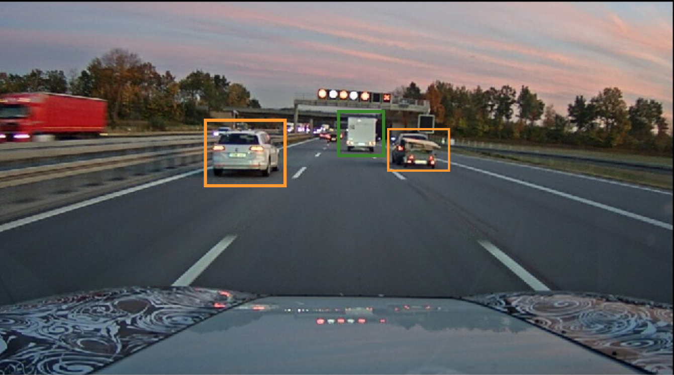 Figure 2: Sample image from fleet data. Green bounding box highlights the vehicle which is doing a lane change.