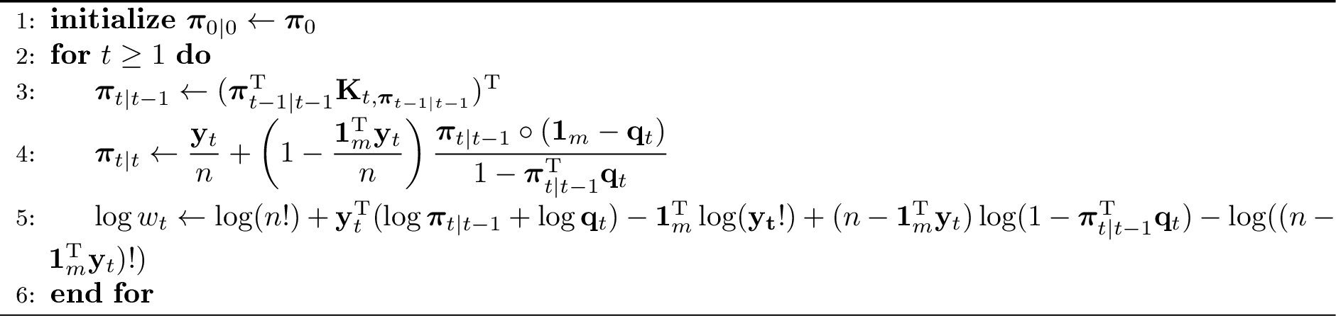 Figure 1: Multinomial filtering with observations derived from (\mathbf{x}_t)_{t\geq1}