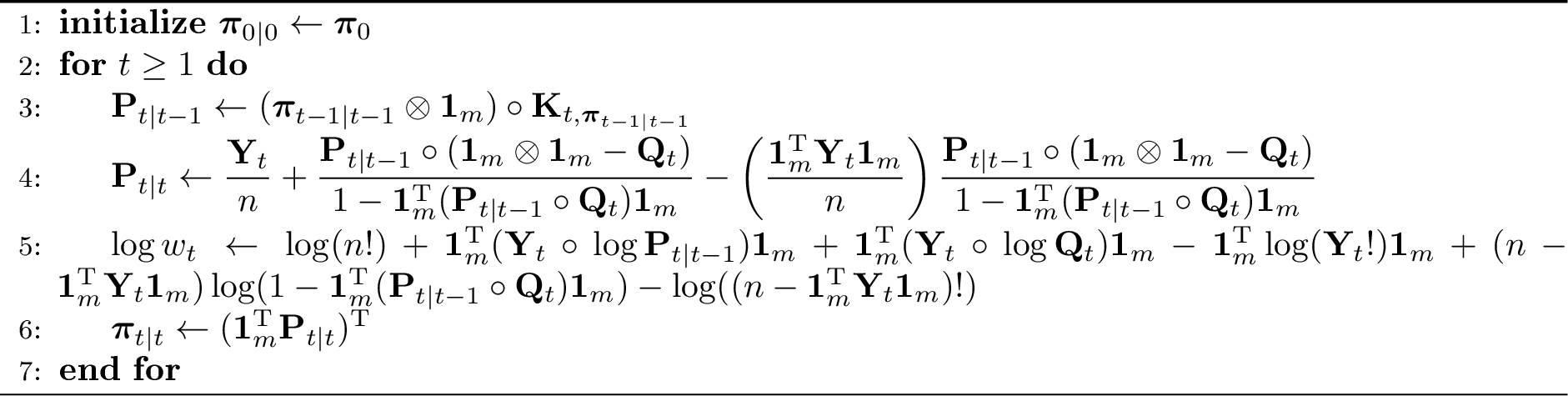 Figure 2: Multinomial filtering with observations derived from (\mathbf{Z}_t)_{t\geq1}