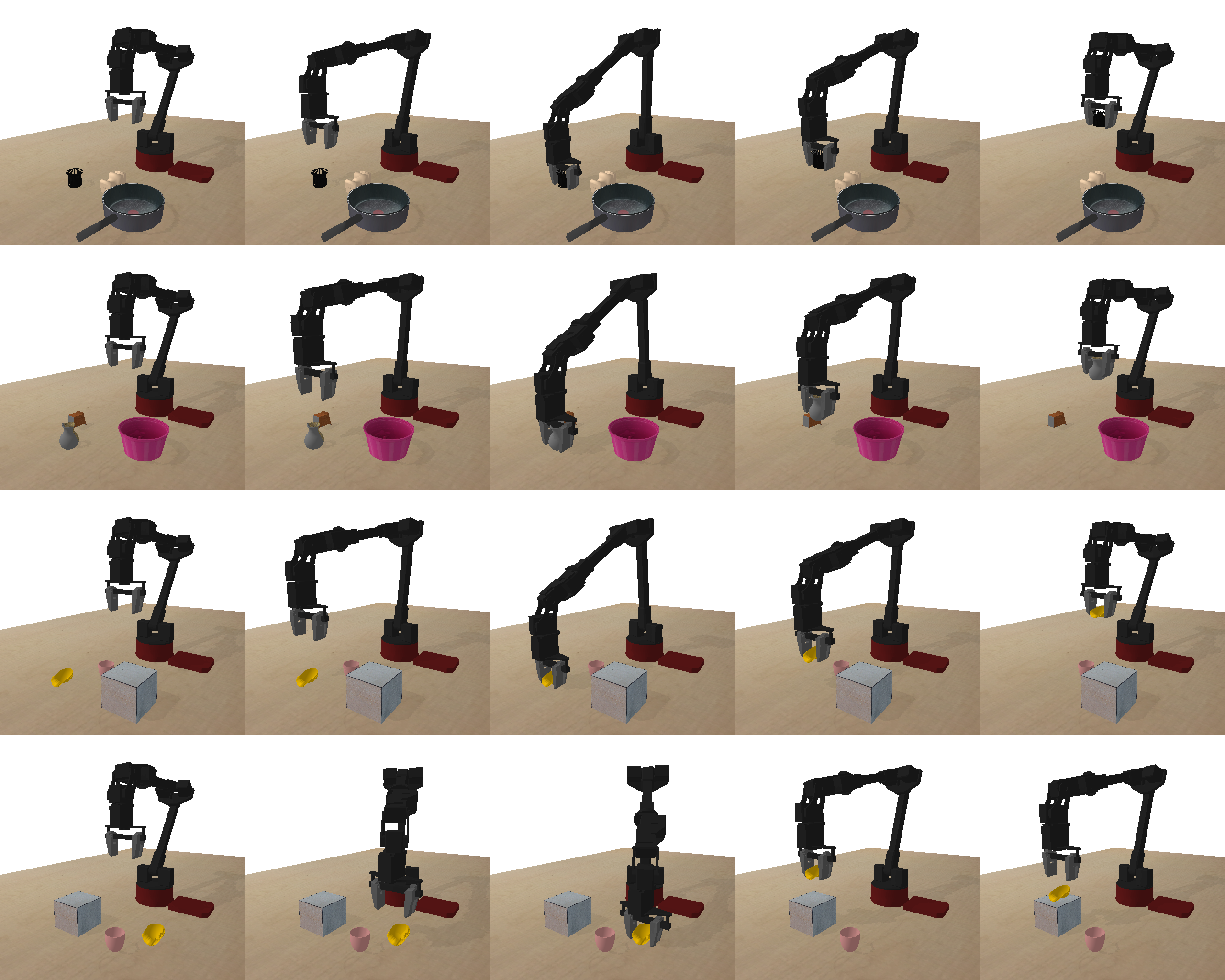 Figure 11: In the first row, the objective is to grasp a can and lift it above a certain height. Rows two and three are similar, except the objective is to grasp a vase and a baseball cap, respectively. The final row depicts a task where the goal is to pick the baseball cap and place it on the marble cube.