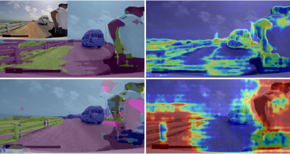 Figure 1: Demonstration of ood detection being used to mitigate misclassification. The RGB frame is shown inset top left. Top row shows segmentation and uncertainty prediction from a baseline segmentation network from Hendrycks and Gimpel [9]. The baseline is highly confident in its classification of a pedestrian’s shirt as sky. Bottom row shows the segmentation and ood prediction from our proposed system. It detects the pedestrian as ood having never seen one so close before, thereby mitigating misclassification.