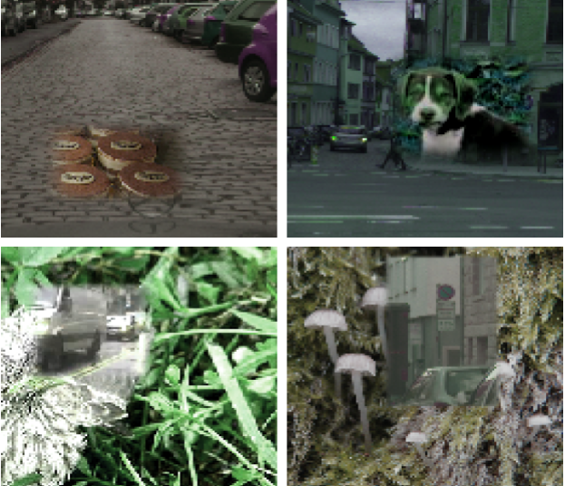 Figure 3: Samples from the training dataset using DomainMix data augmentation.Images from the in-distribution driving dataset are combined with an ood dataset, such that crops of ood images arecut into in-distribution driving images (top) and vice versa (bottom).Additionally, crops are blended in with a Gaussian kernel and colour space augmentations are performed to reduce the distance between the crop and the pixels it replaces.Finally, random colour space augmentations are used to reduce learned dependence on colour as a discriminative feature.