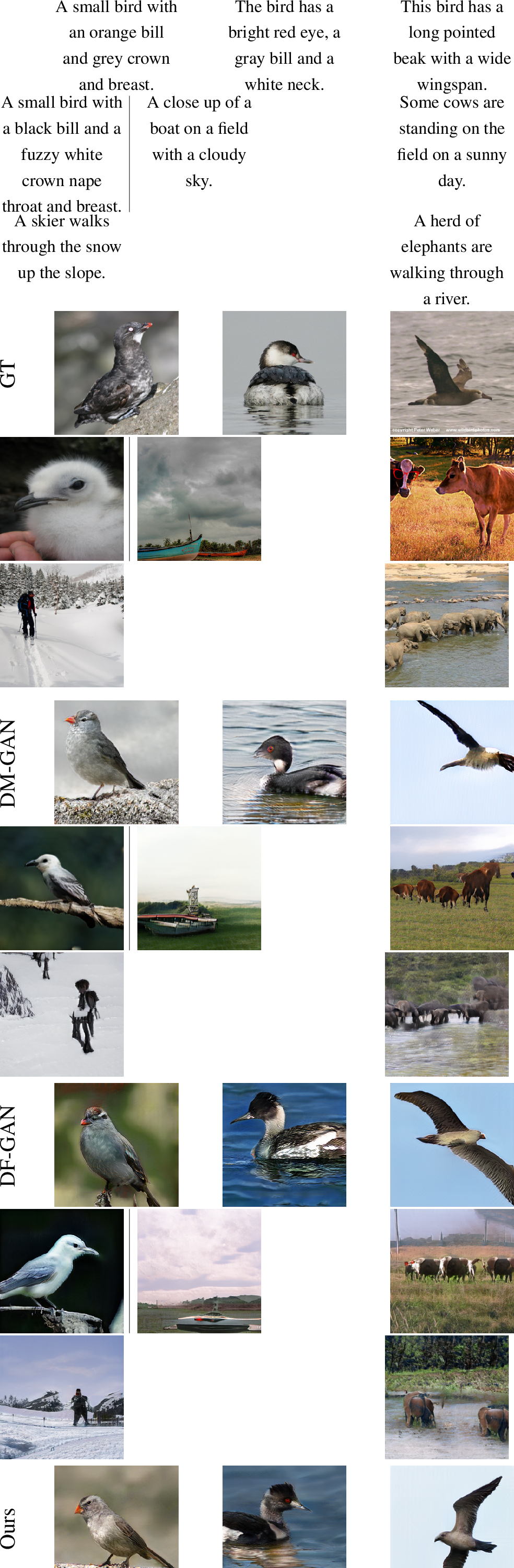 Figure 4: Qualitative comparison between our method and the recent state-of-the-art methods DM-GAN [25], DF-GAN [16] on the test set of CUB bird dataset (1st - 4th columns) and COCO dataset (5th - 8th columns). The input text descriptions are given in the first row and the corresponding generated images from different methods are shown in the same column. Best view in color and zoom in.