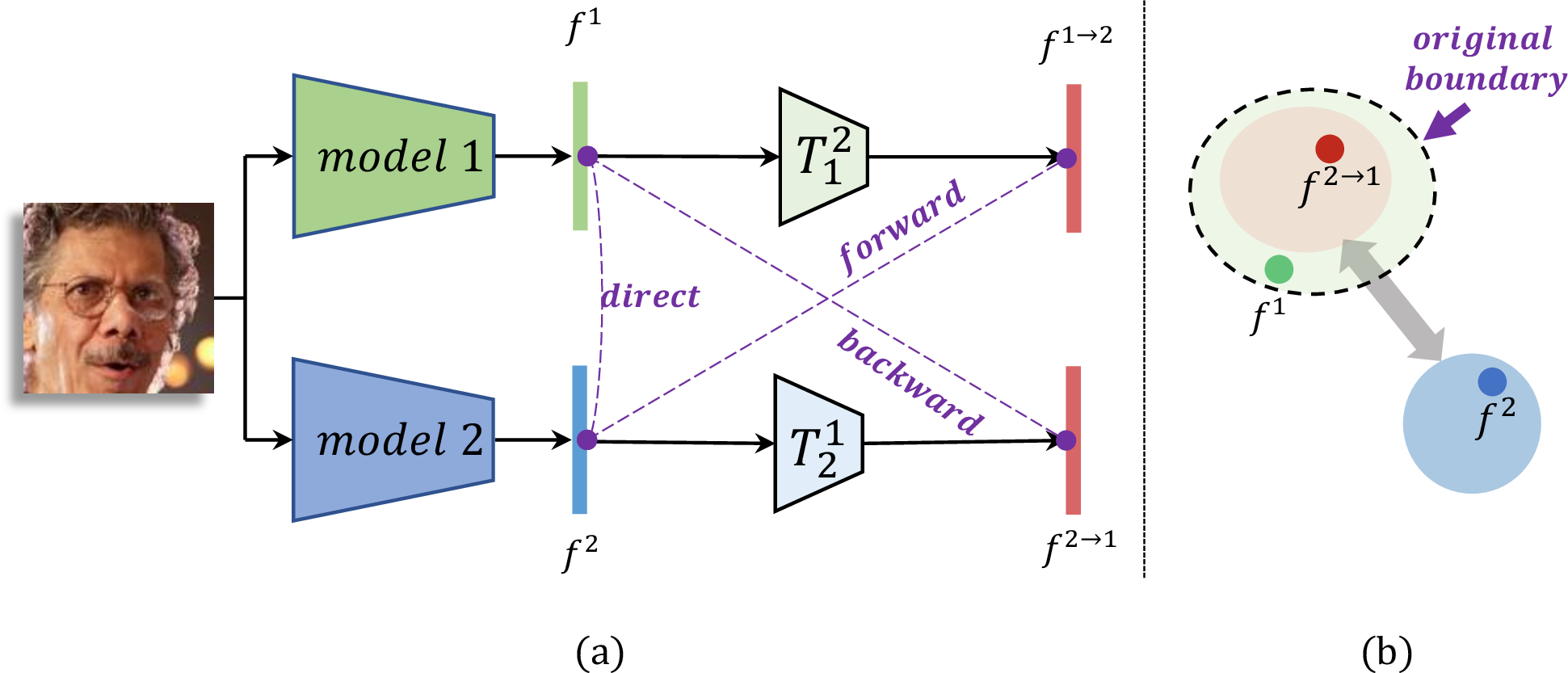 Figure 1: An overview of model compatibility problems. (a) Model compatibility matches model 1 and model 2 through three optional directions. Features f^1, f^2 from two models can make a direct comparison, noted as direct compatible method. With transformations T_1^2 and T_2^1 involved, we achieve either backward compatible by comparing f^{2\rightarrow 1} with f^1, or forward compatible if compare f^{1\rightarrow 2} and f^2. (b) Our compatibility is achieved by aligning the class centers across models through a direct comparison (by setting Ts to identity mappings) or via transformations, and restricting more compact intra-class distributions for the new model. Best viewed in color.
