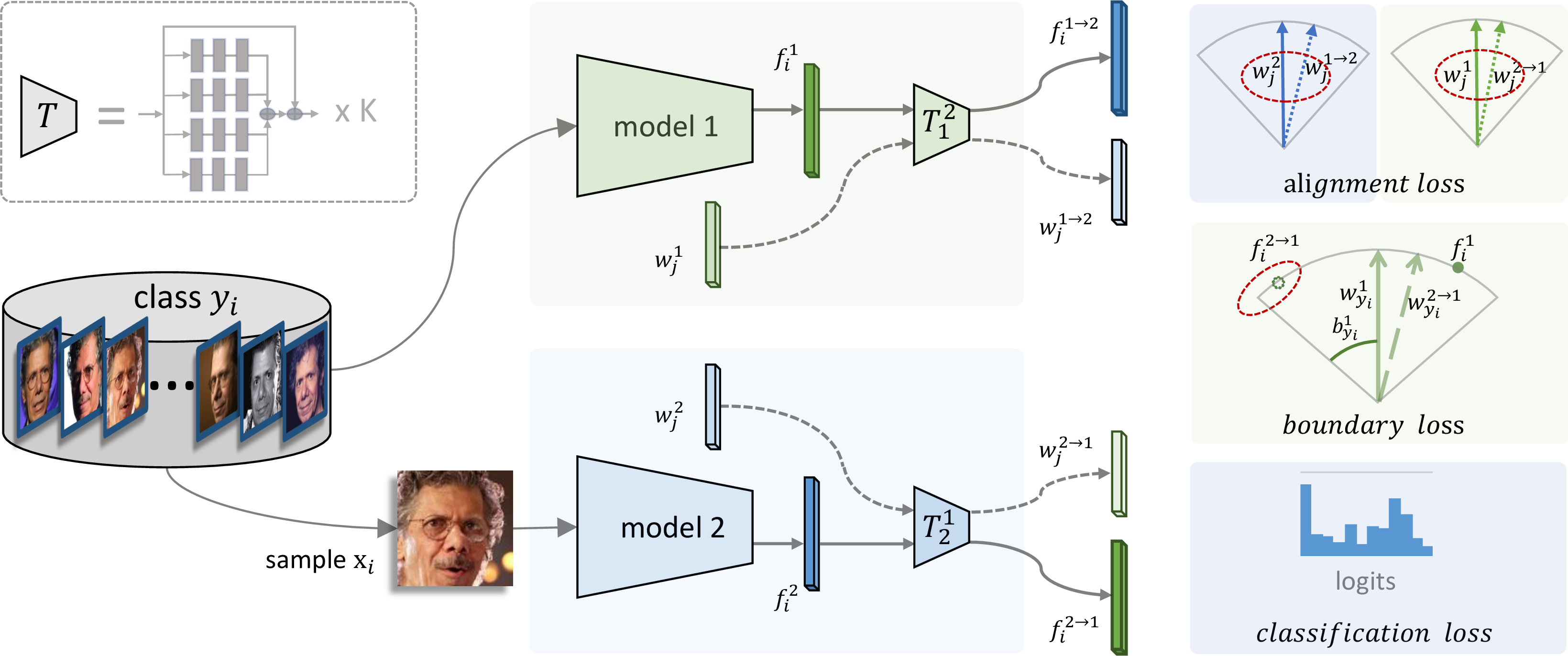 Figure 3: Overview of the proposed LCE method and the associated losses. We assume model 1 is the compatible target model and therefore its weights are fixed during the training. In the feature space of model 1, denote class j has a maximum angle b_j^1 to its class center w_j^1. The model 2 can be pre-existed or to be trained based on the real situations, and transformations T_1^2, T_2^1 map embeddings \{f_i\}_{i=1}^{N} and class centers \{w_j\}_{j=1}^{n} from one feature space to another. Our compatibility is achieved by (1) an alignment loss which aligns class centers between two models, (2) a boundary loss which enforces the mapped f_i^{2\rightarrow 1} to have more compact intra-class distributions (formulated as the angle between f_i^{2\rightarrow 1} and w_{y_i}^1 is smaller than b_{y_i}^1 in our work) and (3) a classification loss.