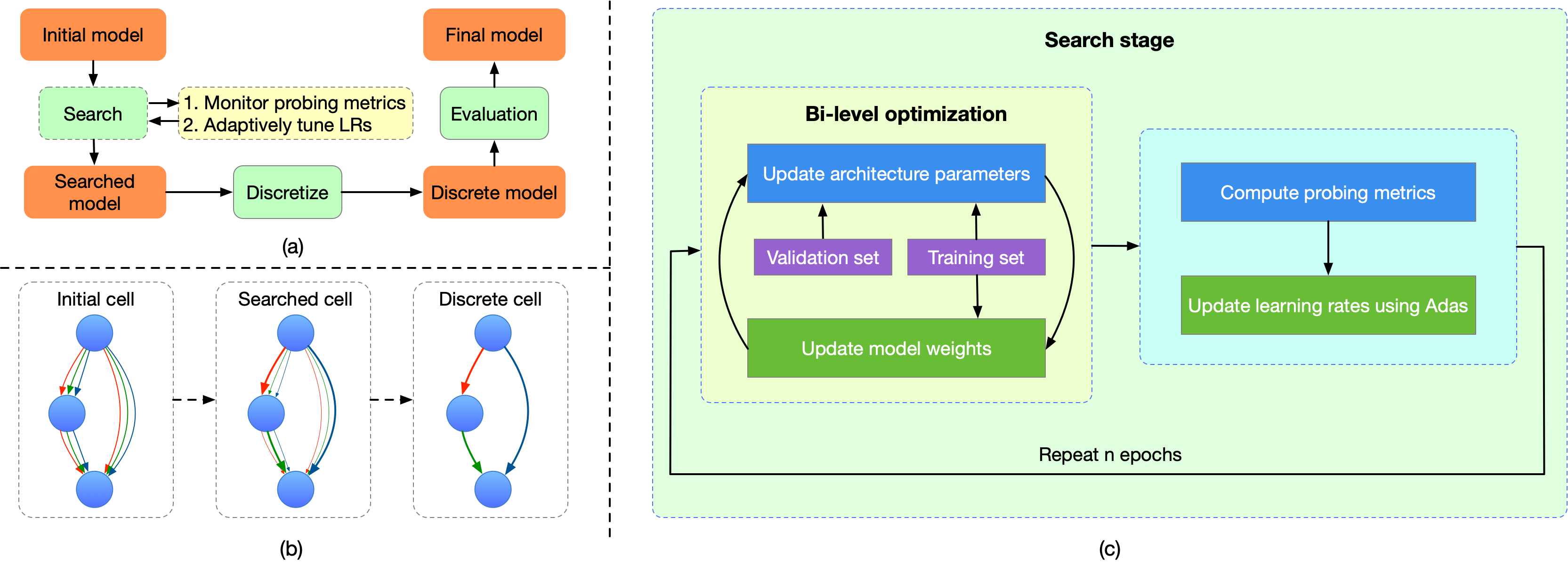 Figure 2: (a) Overview of the architecture searching pipeline. The network architecture is searched during the search stage and discretized when finished. It is then trained from scratch for final evaluation. (b) Illustration of the cell structure during searching. (c) Details of the search stage. During each searching epoch, the architecture parameters and model weights are updated alternately through bi-level optimization, then the learning rates for each convolutional layer are tuned based on probing metrics.