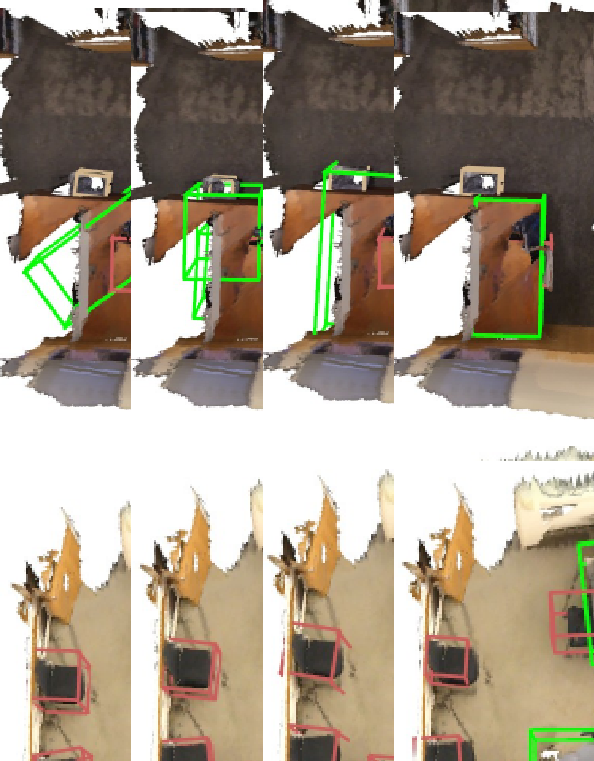 Figure 5: Qualitative comparison on ScanNet sequences. The colors of 3D BBs denote different categories. Both Vid2CAD and MOLTR suffer from replicated objects due to data association failure. 3D bounding boxes from our method are closer to ground-truth boxes thanks to our robust multi-view optimization.
