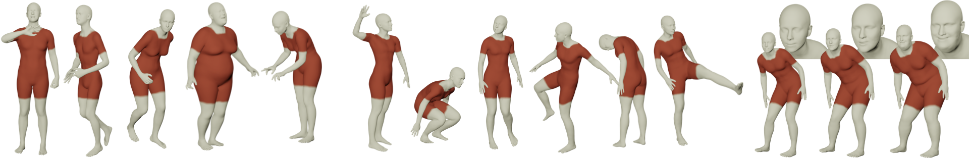 Figure 3: Bodies generated and reconstructed using imGHUM. Left: imGHUM with Gaussian sampling of the shape, expression and pose latent space. Middle: Reconstructed motion sequence from the CMU mocap dataset [51] (fixed body shape). Right: Body shape and facial expressions latent code interpolation (fixed pose). See supplementary material for more examples.