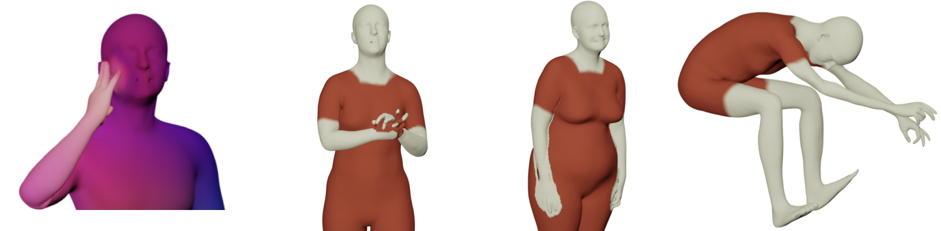Figure 7: Failure modes. Interpenetration can lead to unwanted shapes and semantics (leaked hand semantics to the cheek). Extreme poses may produce deformed body parts (thin arms).