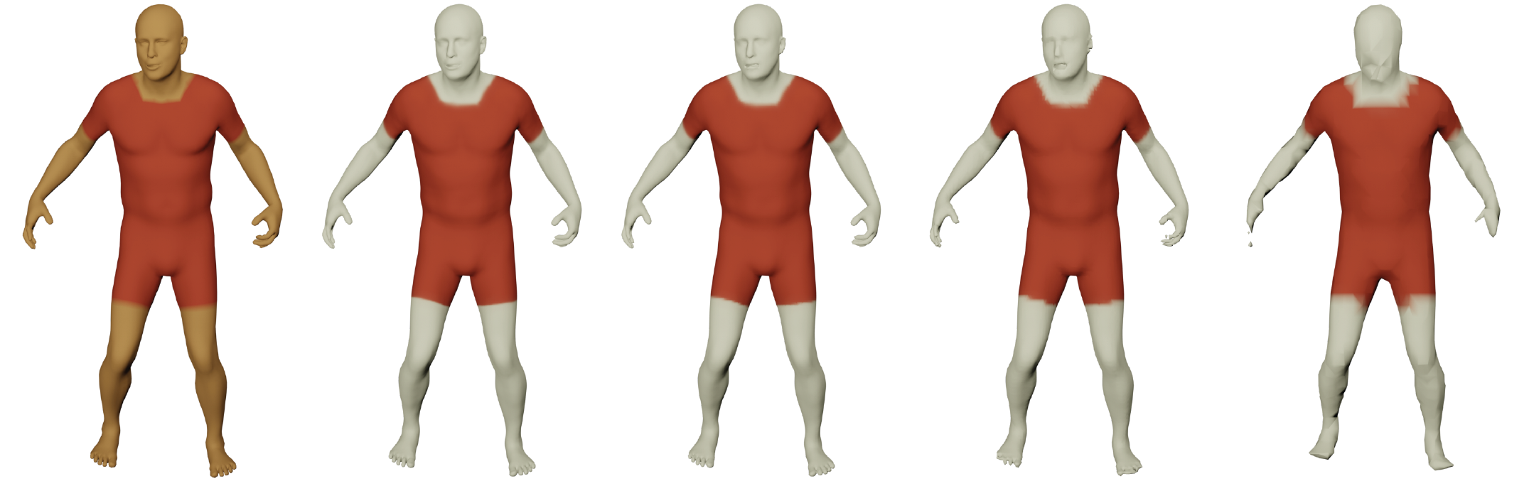 Figure 8: imGHUM mesh reconstructions in different resolutions. Left to right: ground-truth shape, 512^3, 256^3, 128^3, 64^3.