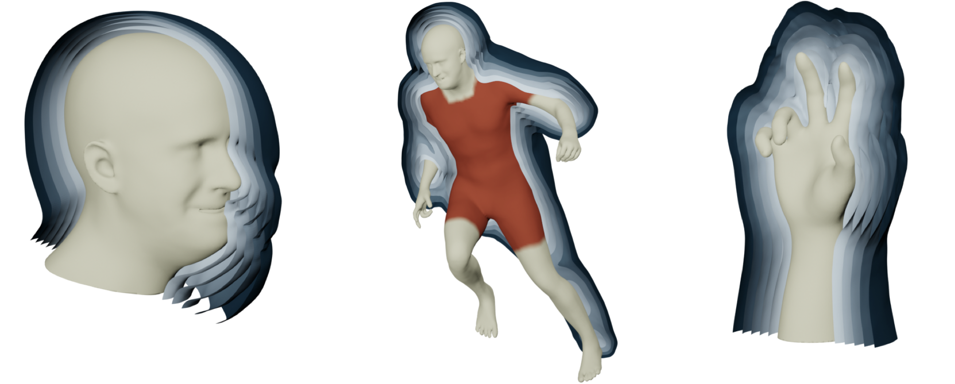 Figure 1: imGHUM is the first parametric full human body model represented as an implicit signed distance function. imGHUM successfully models broad variations in pose, shape, and facial expressions. The level sets of imGHUM are shown in blue-scale.