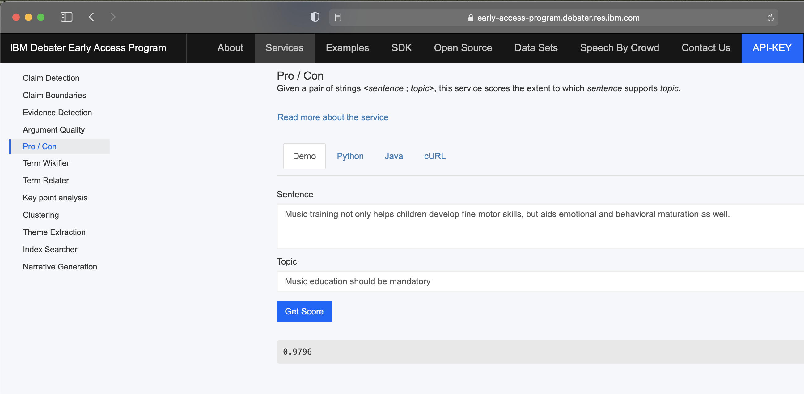 Figure 1: The IBM Debater Early Access Program web page. The list of services is shown on the left. For the selected service - the pro-con service, there is an expandable short description and a demo that allows trying the service online.