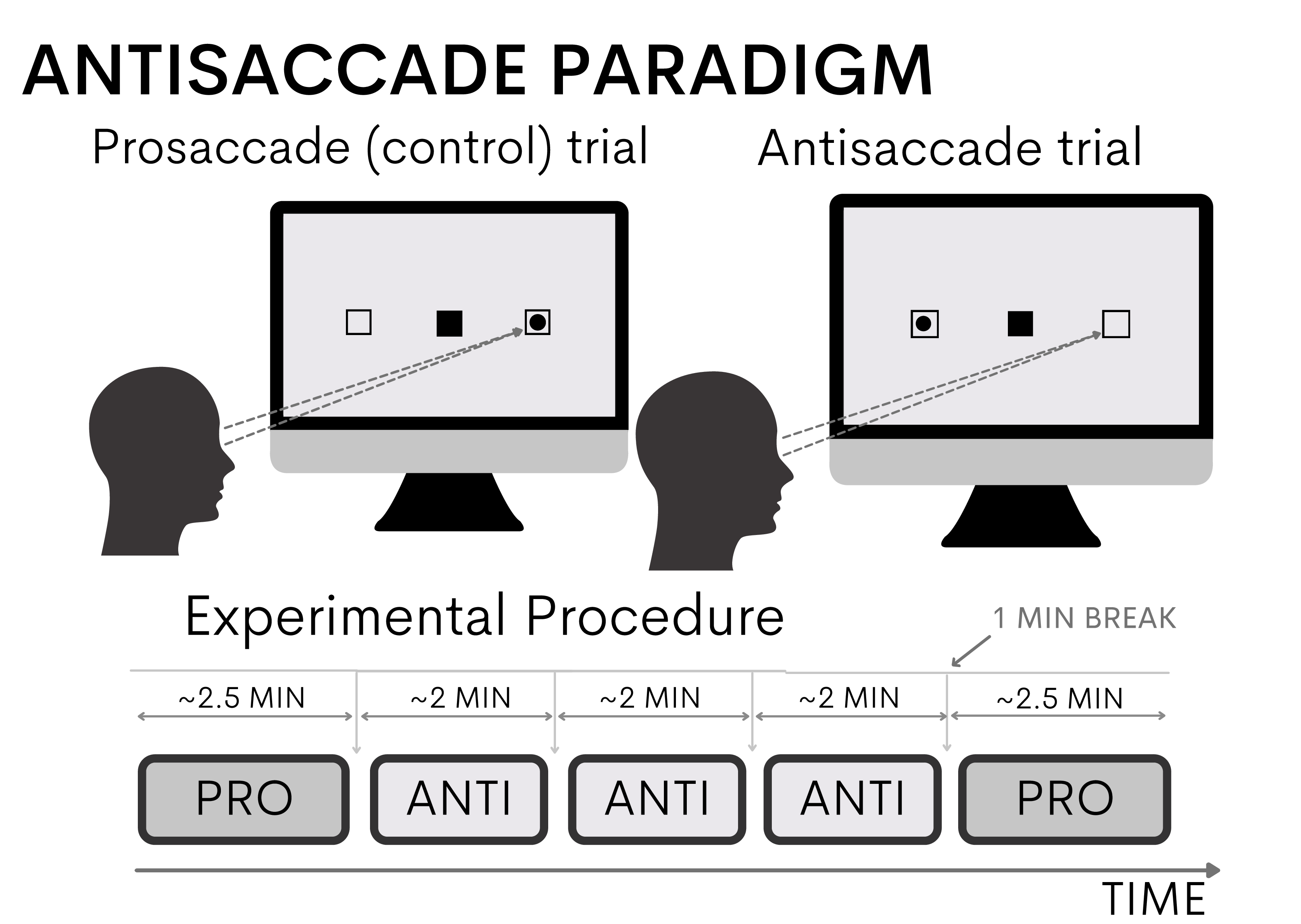 Figure 2: Pro- and Antisaccade. Schematic view of the experimental setup and gaze behavior during a prosaccade (left) and antisaccade (right) trial.