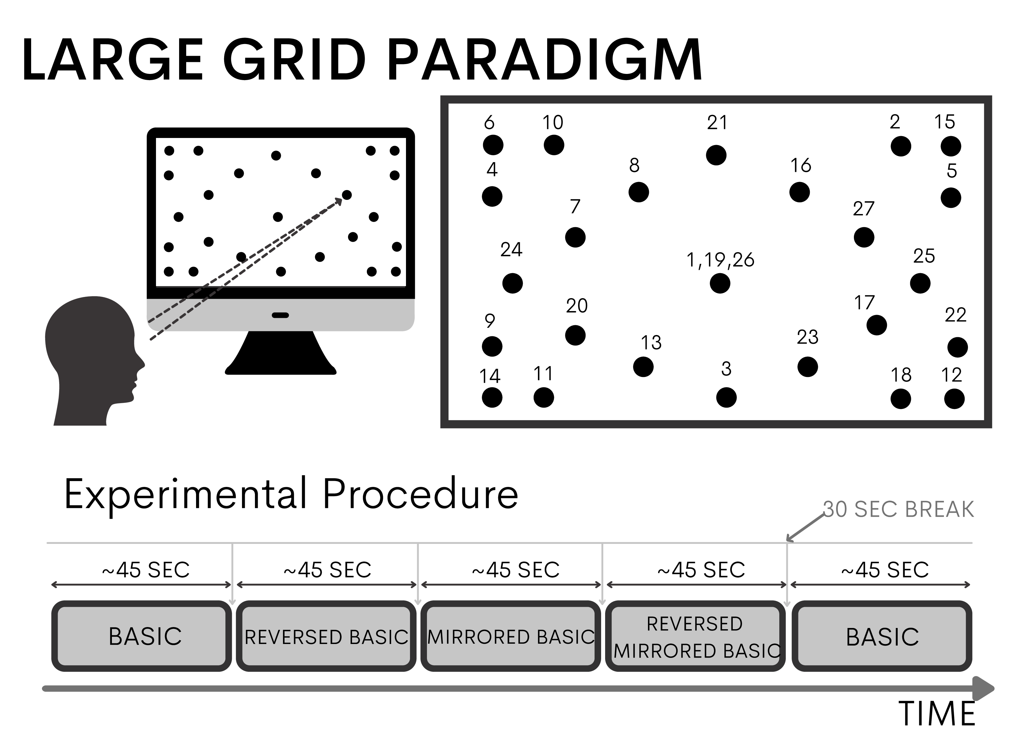 Figure 3: Large Grid. Schematic view of the experimental setup and stimuli location on the screen.