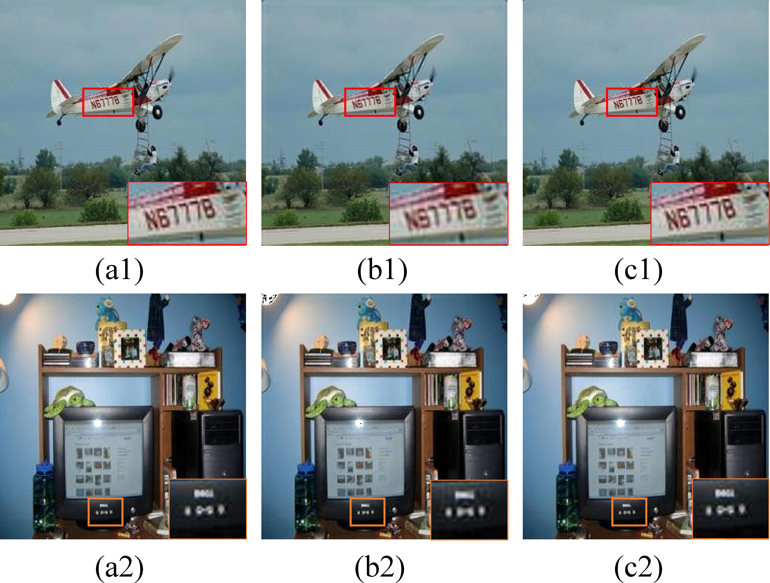 Figure 7: Comparison of the reconstructed images using CNN architecture alone and the model with TransBlock. (a1-a2) show the original images, (b1-b2) show the image reconstruction results with CNN architecture alone, and (c1-c2) show the image reconstruction results of the model using TransBlock.