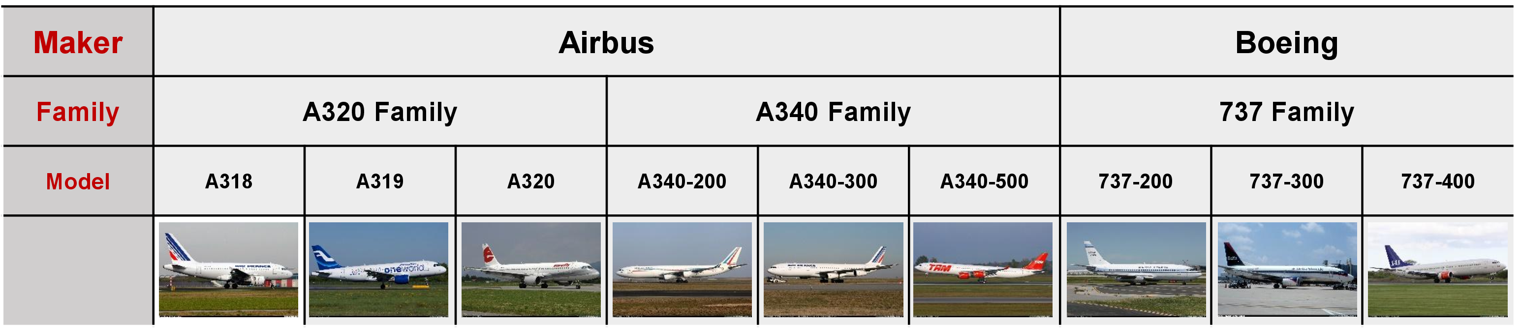 Figure 13: Partial hierarchical structure in in FGVC-Aircraft, where models are organized into three hierarchies (Model–Family–Maker). Aircraft exhibit strong visual similarity within the same hierarchy, but clear differences across higher-level ones.