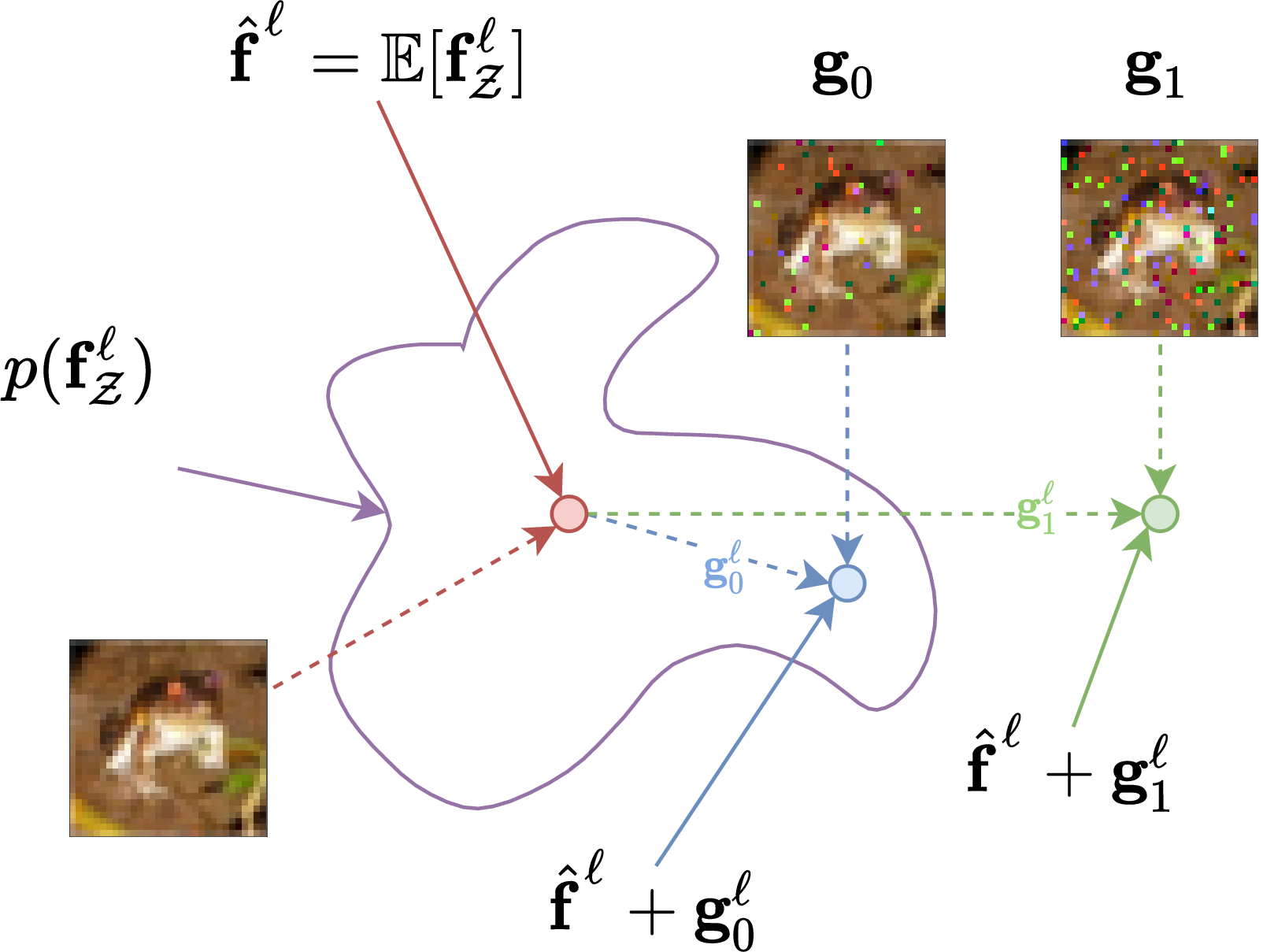 Figure 1: A sketch depicting the connection between the output distribution at the \ell-th layer induced by node stochasticity (purple) centered on the average output ((0,0) circle ;), and the output shifts generated by input corruptions ((0,0) circle ;,(0,0) circle ;). We expect good performance under mild corruption \mathbf{g}_0, as the resulting shift remains inside the high-density region of p(\mathbf{f}^\ell_\mathcal{Z}), and worse results under severe corruption \mathbf{g}_1.