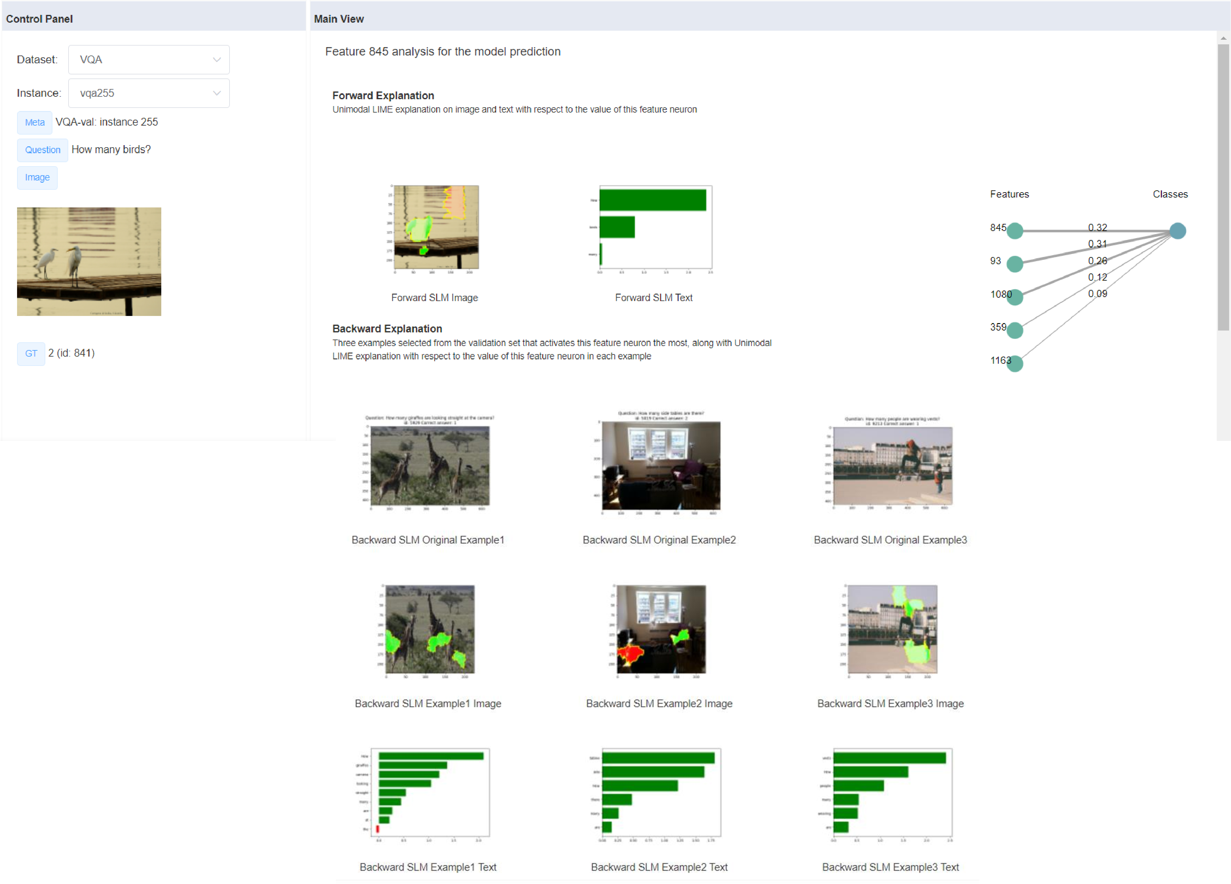 Figure 21: Simulation experiment for VQA: MultiVizwebsite on a specific representation feature showing forwards and backwards analysis (a Features page). Best viewed zoomed in and in color.