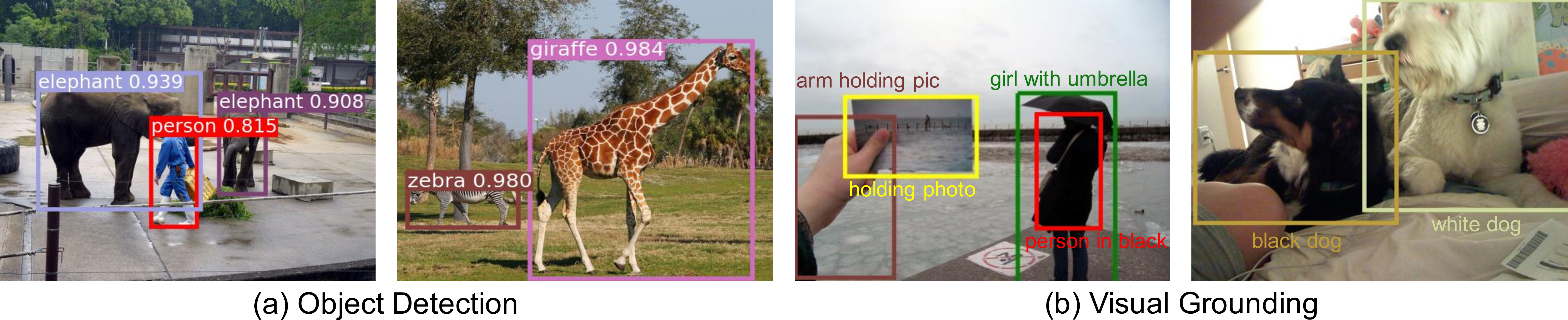 Figure 4: Qualitative examples of object detection on COCO and visual grounding on RefCOCO+.