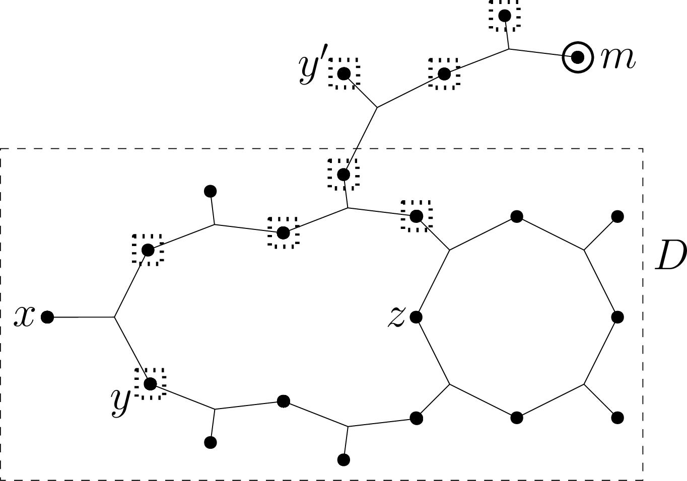 Figure 31: In this example, we have y \in I_{H^{+x}}\mathopen{}\mathclose{\left(x\mathcal{D}_2(H)}\right), but y' \in I_{H^{+x}}\mathopen{}\mathclose{\left(x\mathcal{D}_1(H)}\right) \setminus I_{H^{+x}}\mathopen{}\mathclose{\left(x\mathcal{D}_2(H)}\right) since y' \not\in V(D). Square dotted boxes highlight the vertices in I_{H^{+x}}\mathopen{}\mathclose{\left(x\mathcal{D}_1(H)}\right).