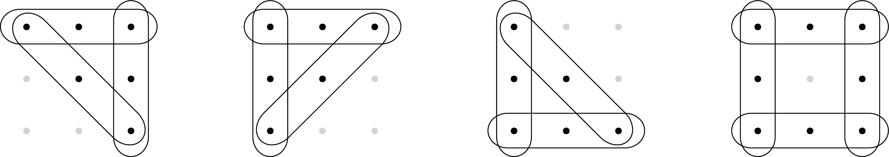 Figure 10: Four x-cycles in the tic-tac-toe hypergraph, where x is the top-left vertex.