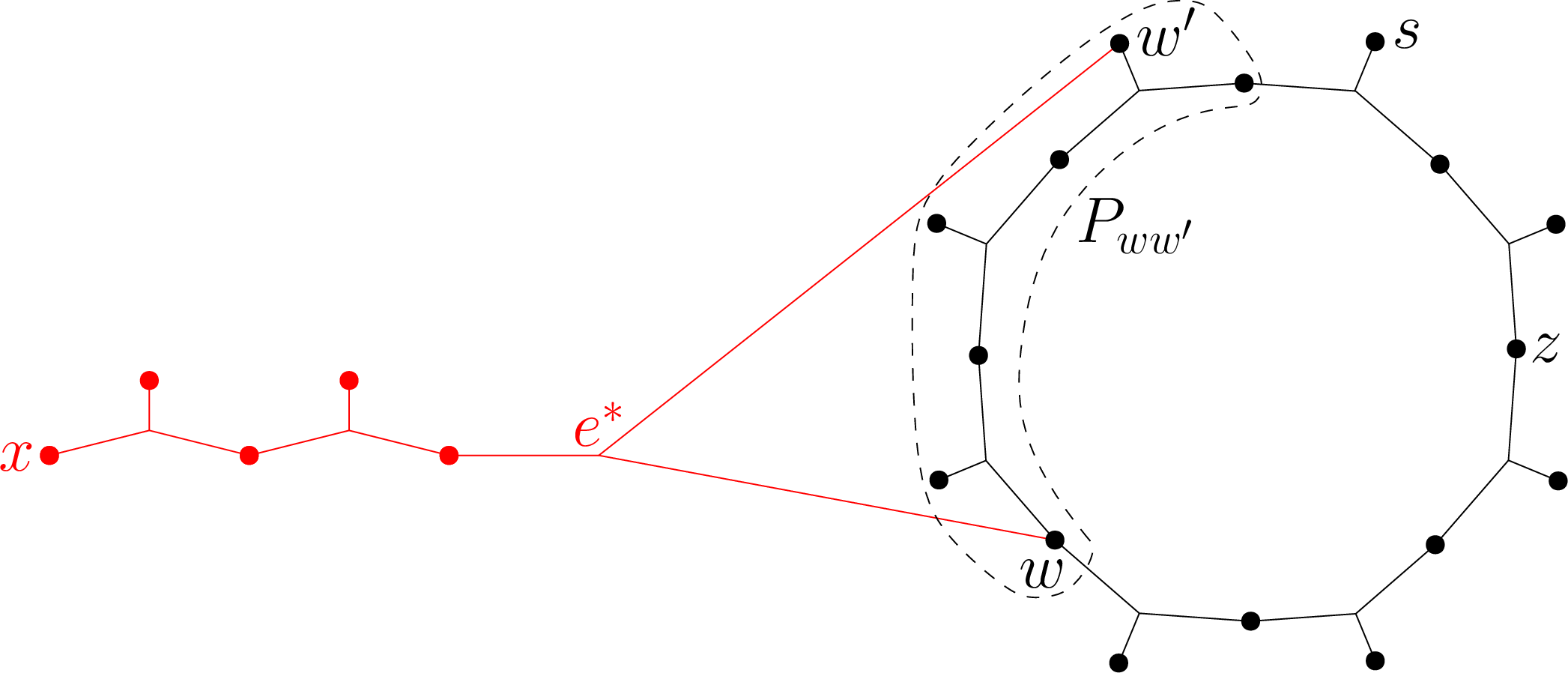 Figure 36: The cycle C (on the far right) and the chain P_{xw}. In this drawing, we have w \in \mathrm{inn}(C) and w' \in \mathrm{out}(C).