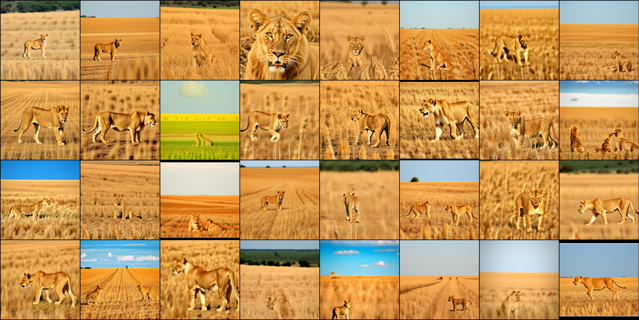 Figure 16: Results for text "A wheat field" and ImageNet class "291:- lion".Not cherry-picked