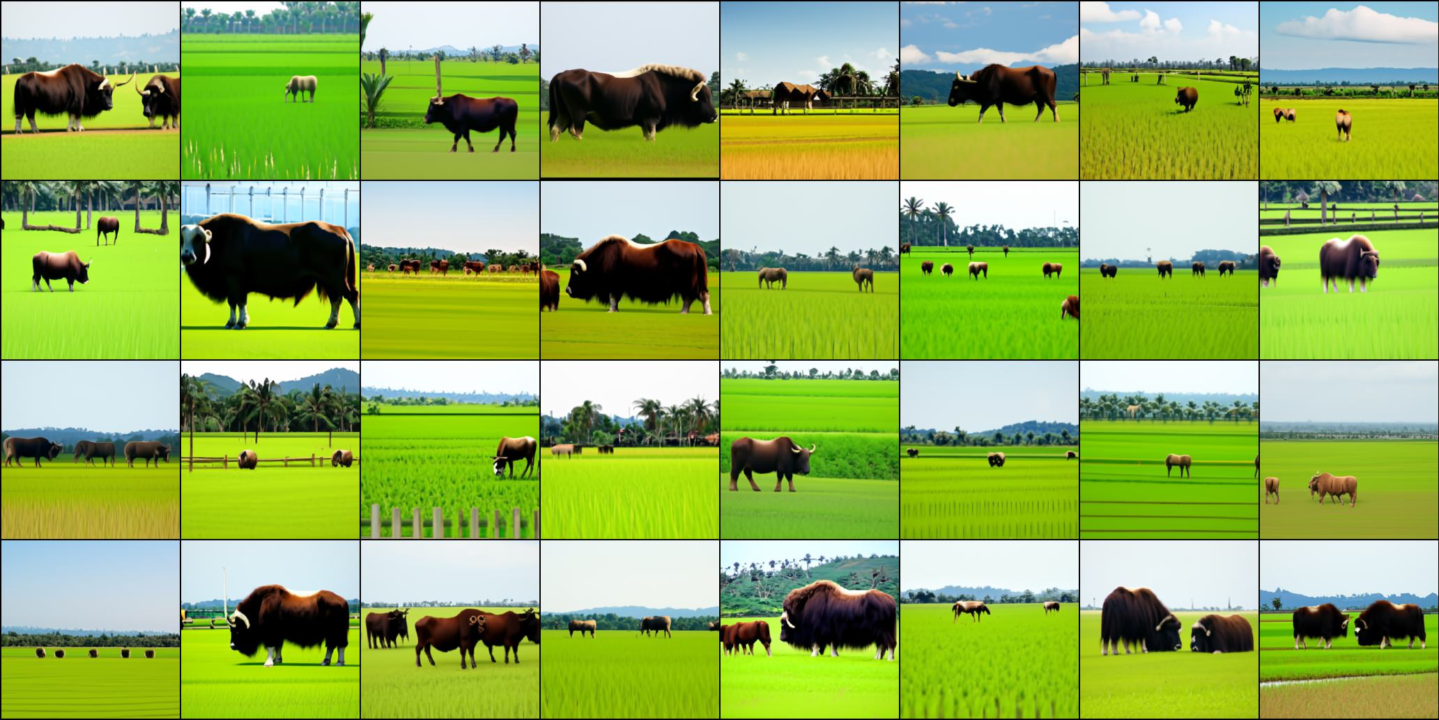 Figure 23: Results for text "A paddy field" and ImageNet class "345: ox". Not cherry-picked