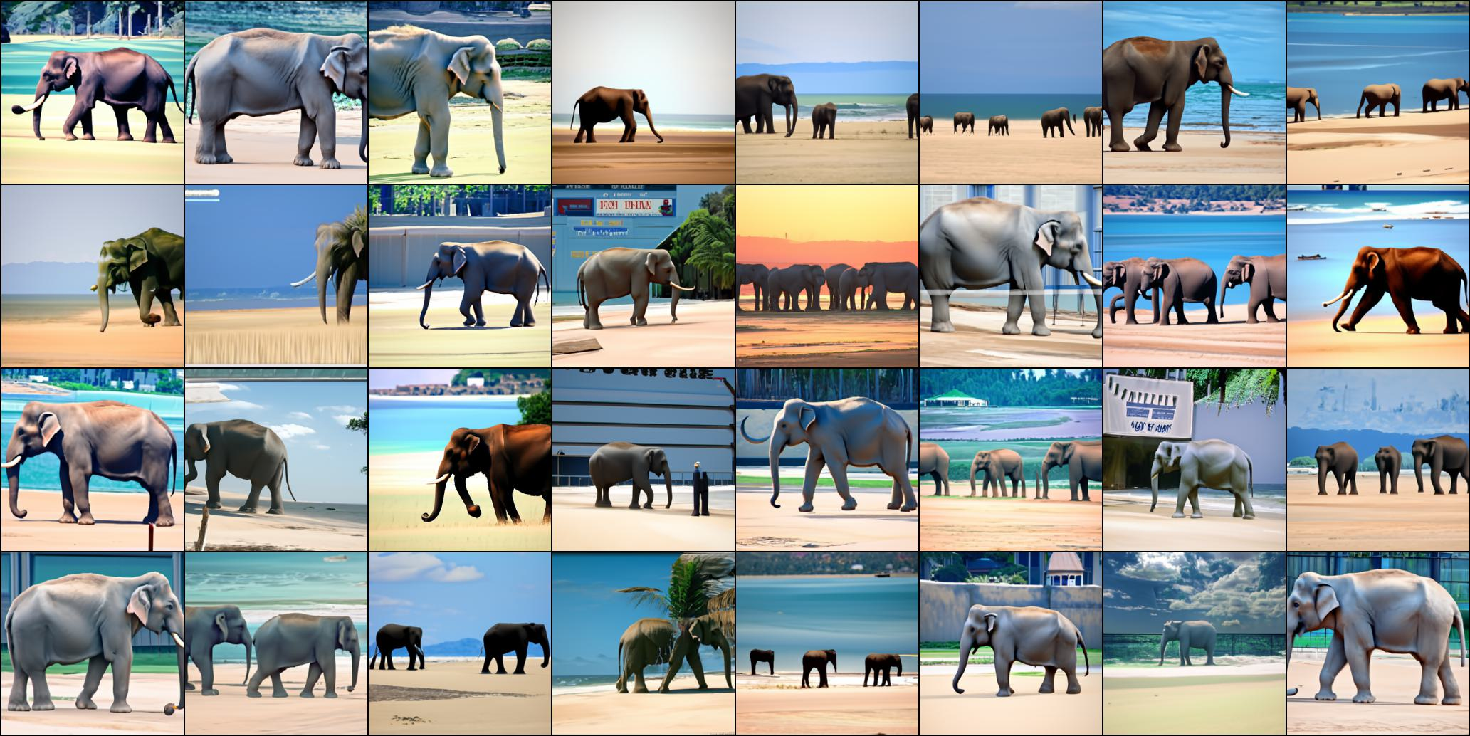Figure 18: Results for text "Photo of a beach" and ImageNet class "385: Elephant". Not cherry-picked