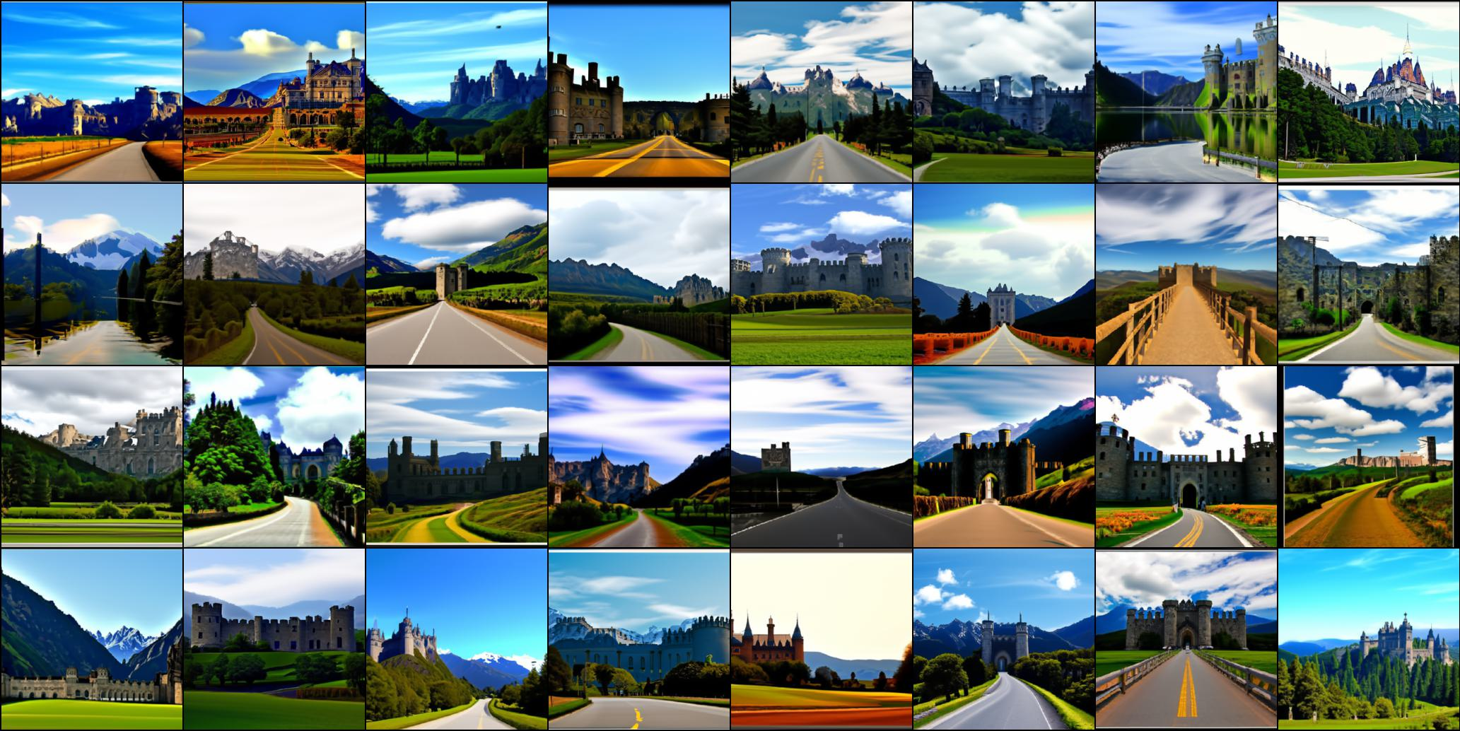 Figure 17: Results for text "A road leading into mountains" and ImageNet class "483: A castle". Not cherry-picked