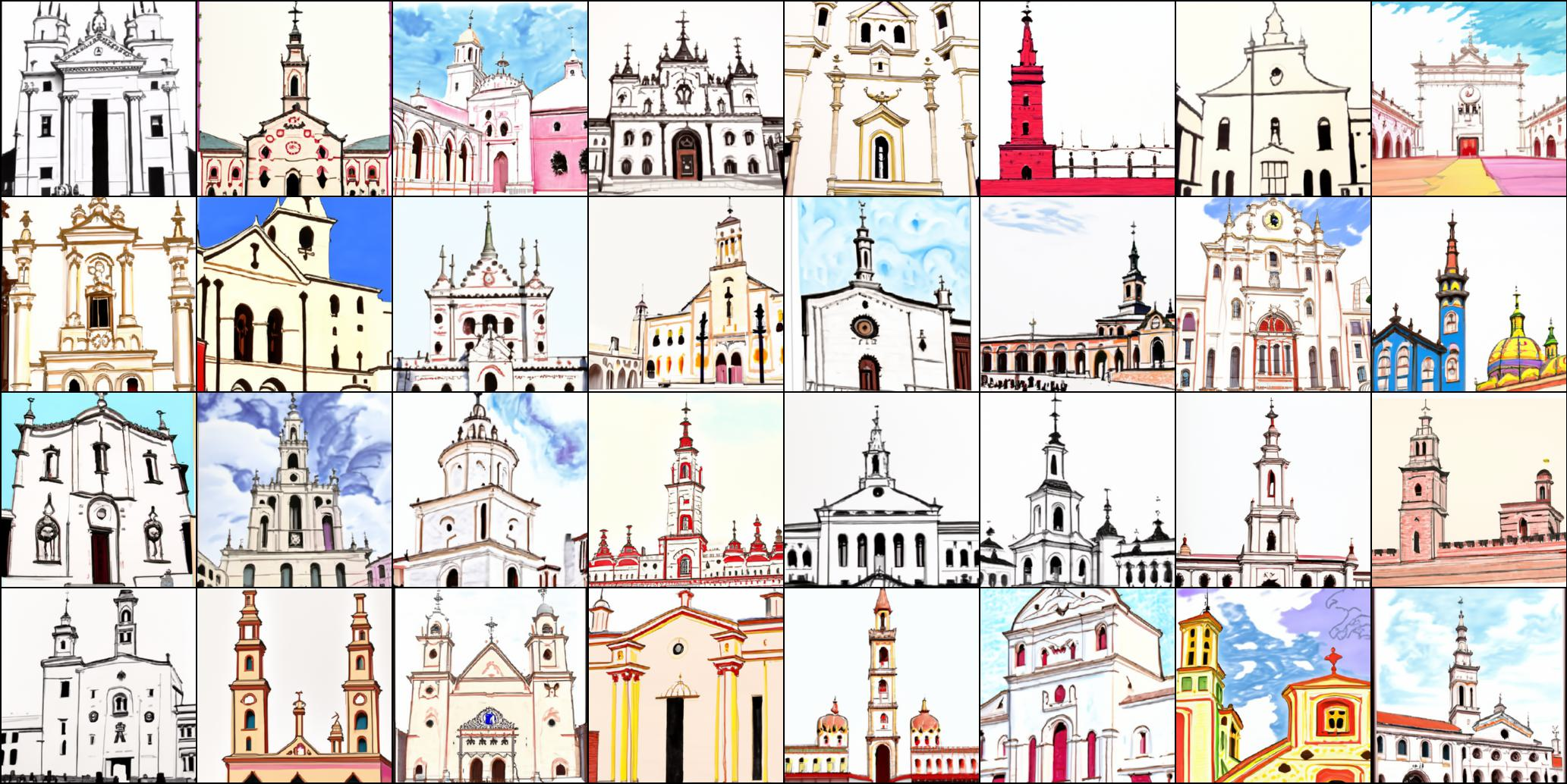 Figure 12: Results for text "A crayon drawing" and ImageNet class "663: Monastry".Not cherry-picked