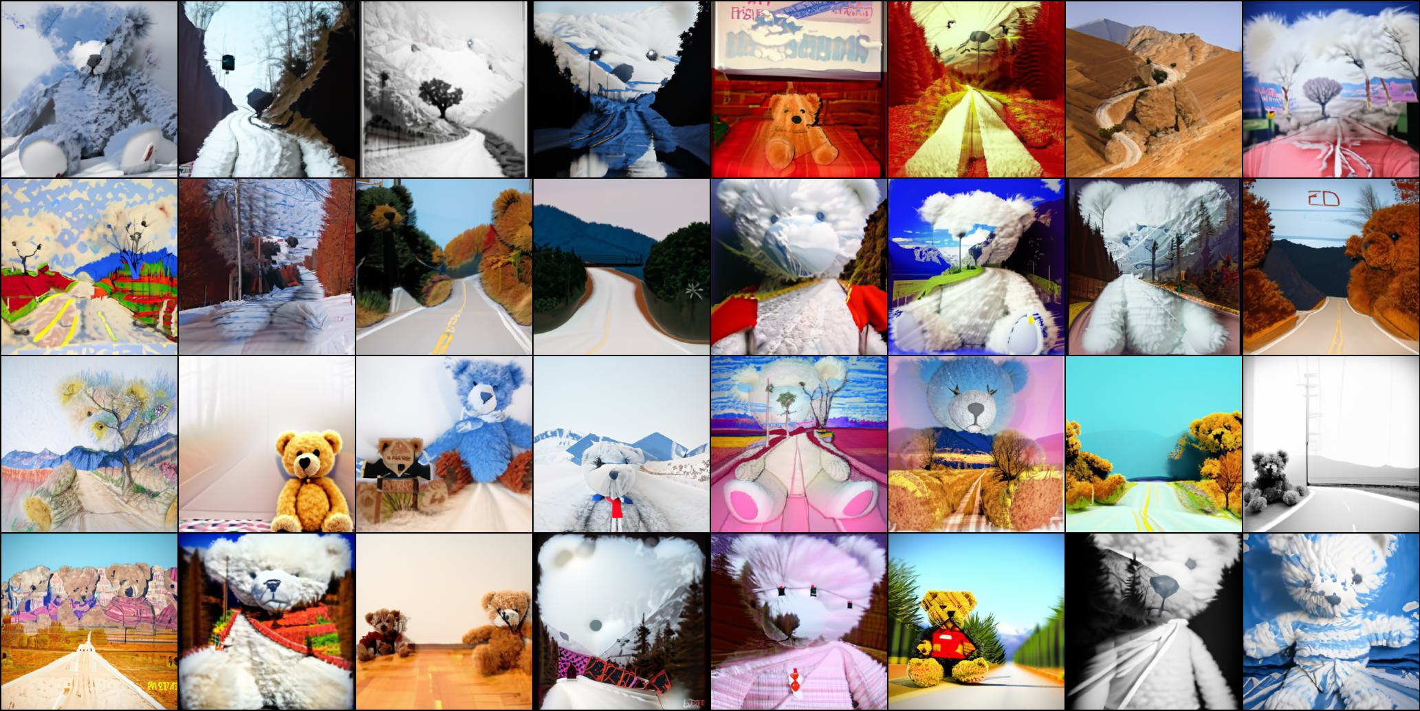 Figure 22: Results for text "A road leading to mountains" and ImageNet class "850: Teddy bear". Not cherry-picked
