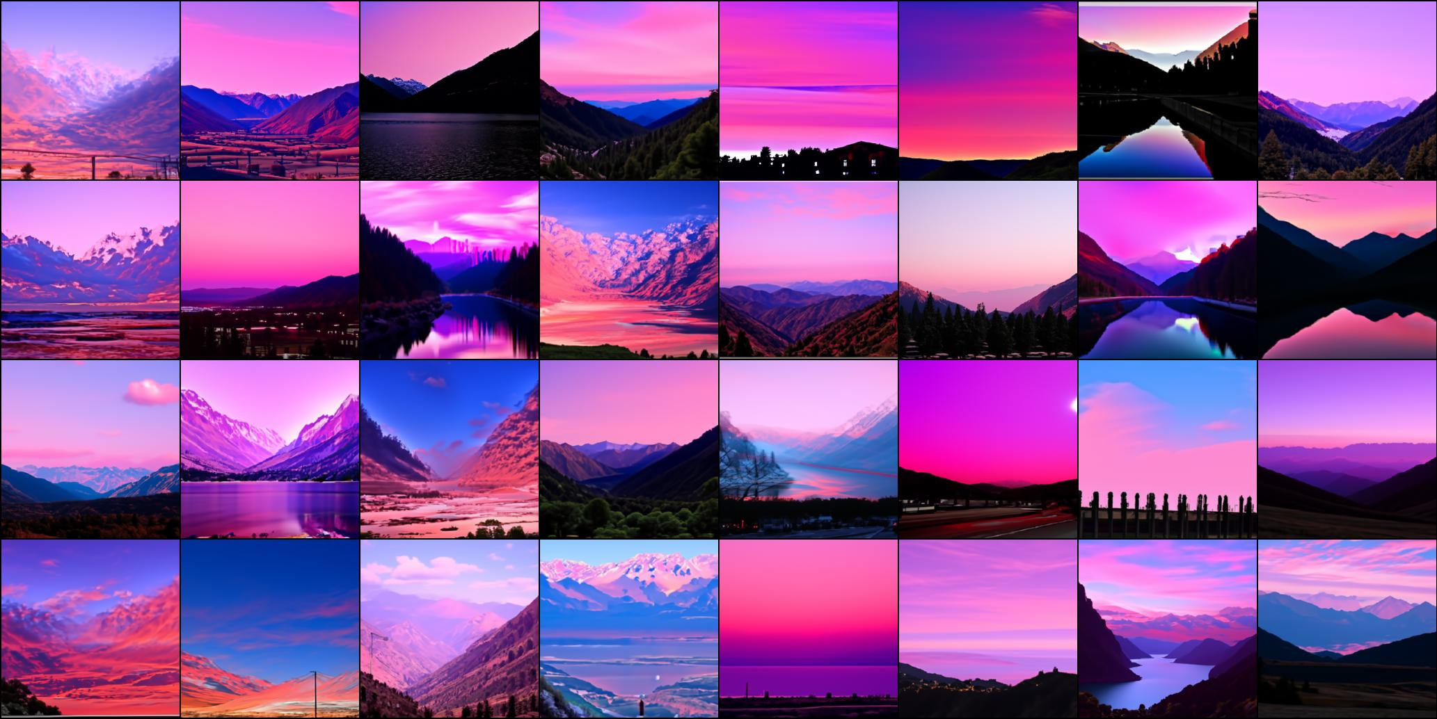 Figure 20: Results for text "A pink sky" and ImageNet class "979: A valley". Not cherry-picked