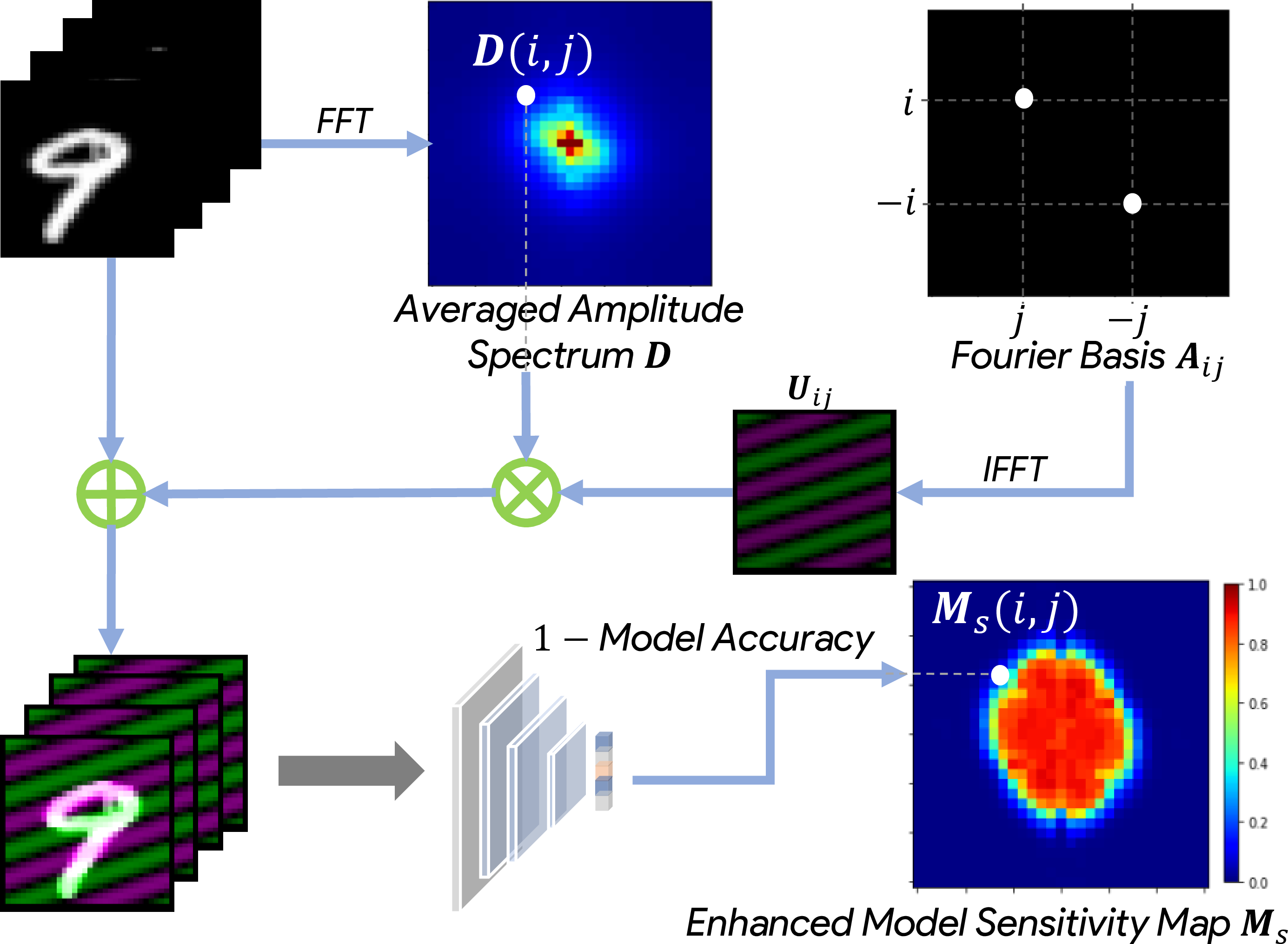 Figure 3: Enhancing model sensitivity map with source domain amplitude distribution. The averaged source amplitude spectrum \boldsymbol{D} is encoded into the perturbed images.