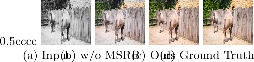 Figure 8: Effectiveness of the proposed MEB module. As shown in (b), the result by the method without using the MSRB contains uneven color distribution from left to right. The method using the MSRB restores the better-colorized frame in (c).