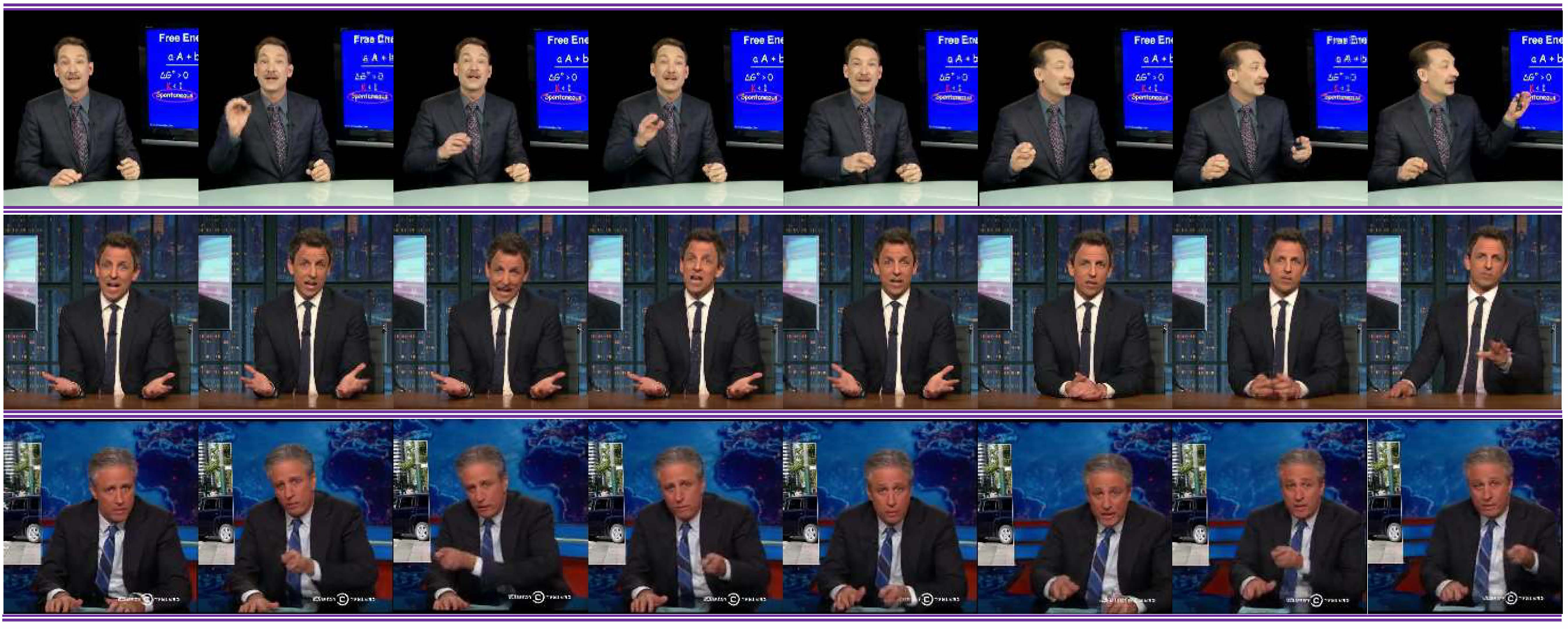 Figure 3: Image sequence results of ANGIE. We show the co-speech gesture image generation results of Kubinec, Seth and Jon, respectively. More qualitative results can be found in demo video.