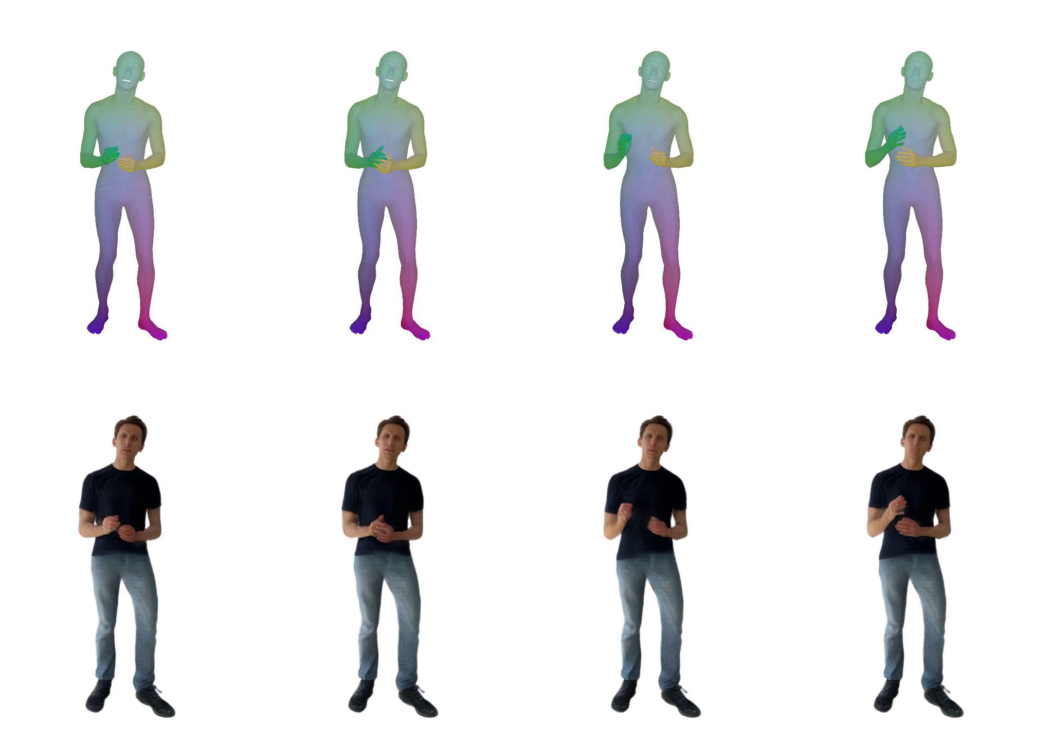 Figure 9: The application with SMPLpix to create photo-realistic neural avatars. Top row (input): the mesh vertices provided by TalkSHOW and their colors projected onto the image plane, bottom row: rendered output.