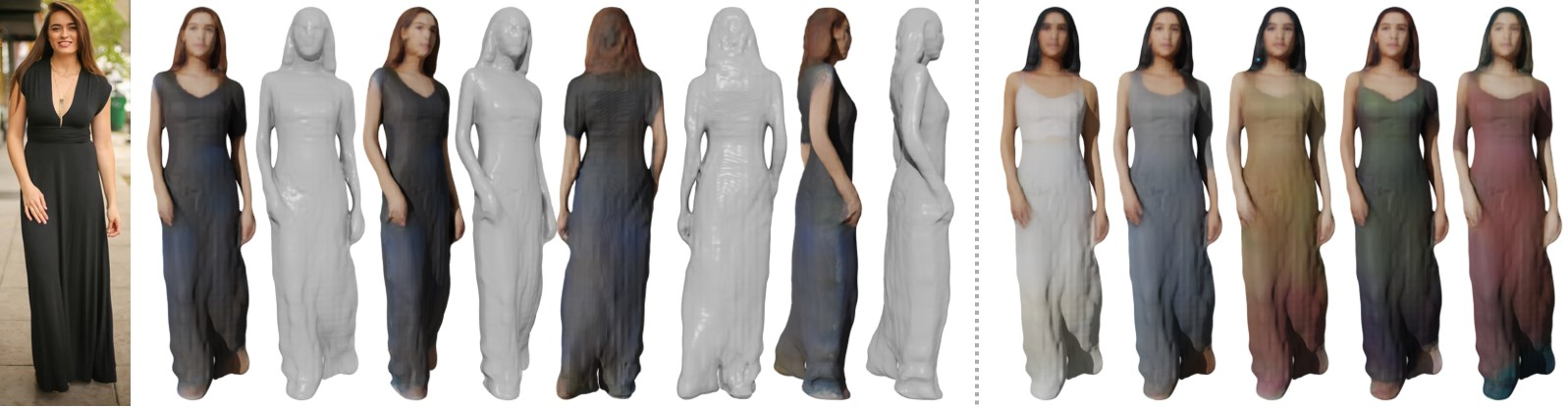 Figure 8: Inversion examples from given reference images. The reference images are shown on the left, inversely optimized human models are shown in different views in the middle, five re-textured models are shown on the right.