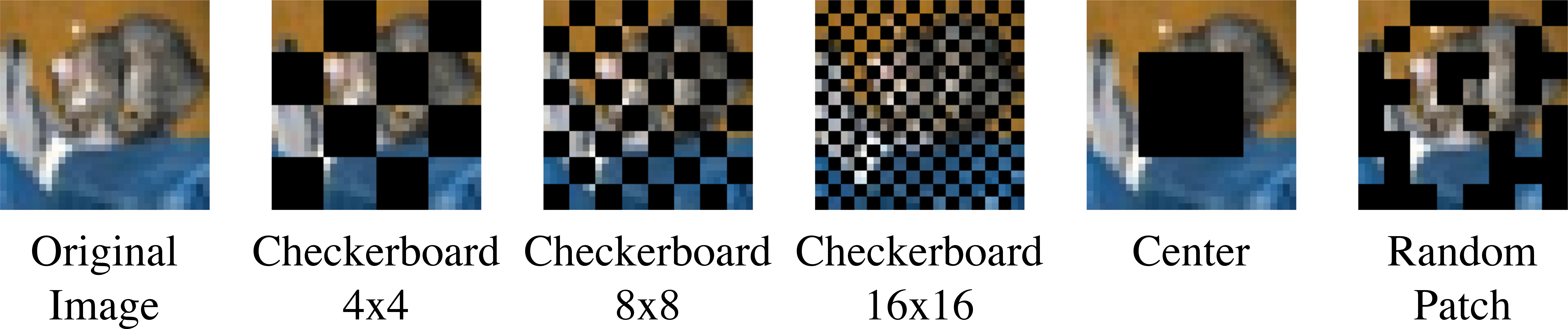 Figure 6: Visualization of the masks used in the mask ablation. For the random patch mask, this figure only shows one example; we sample a different pattern at each reconstruction attempt.