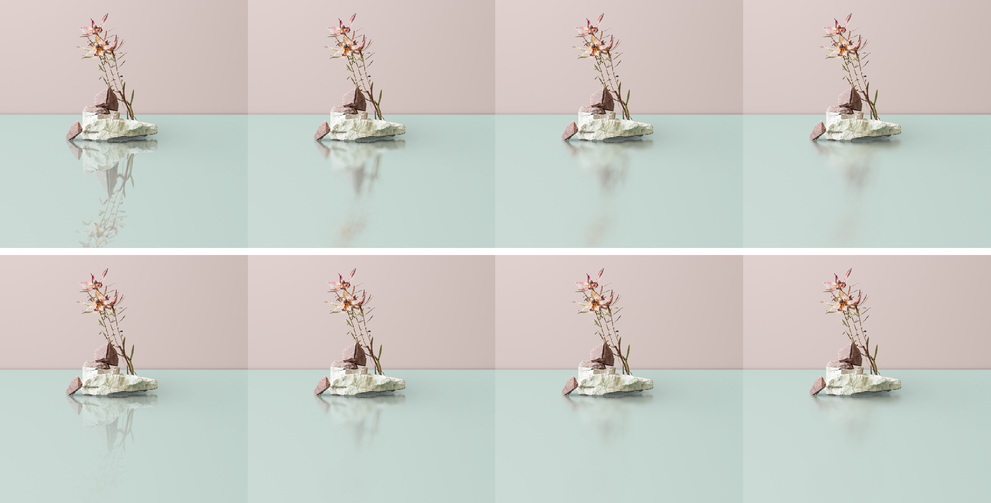 Figure 6: Reflection. PixHt-Lab can render reflection with different physical materials. From left to right, the ground surface glossness increases. The top to bottom, the ground uses different \eta in Fresnel effects.