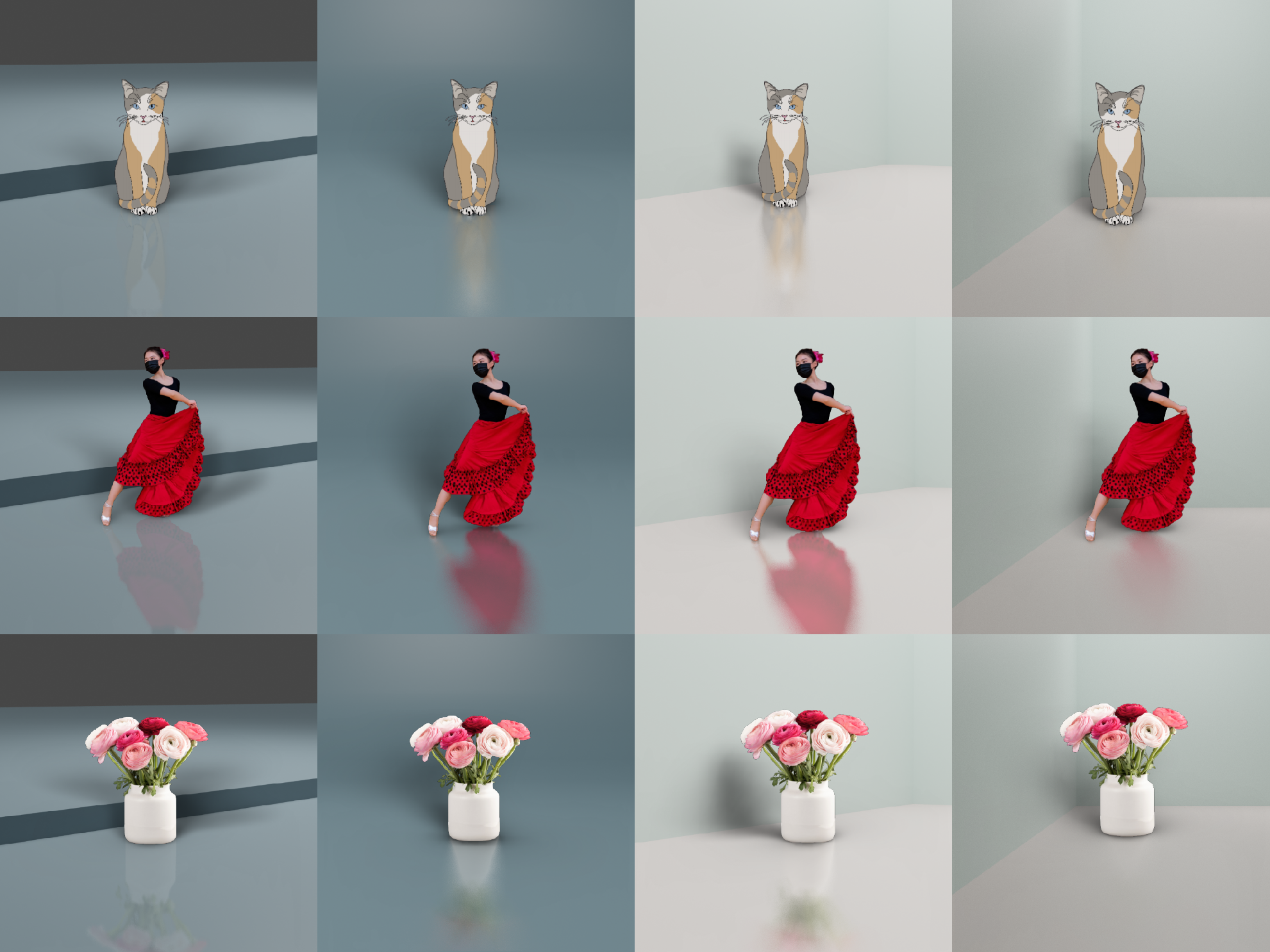 Figure 9: More results. PixHt-Lab is agnostic to the cutout object categories. Lighting effects can be generated to general backgrounds. PixHt-Lab can also generate multiple soft shadows shown in the first column. The first column uses a step background. The second column uses a curved background. The third column uses a L shape wall background. The forth column uses a corner background.