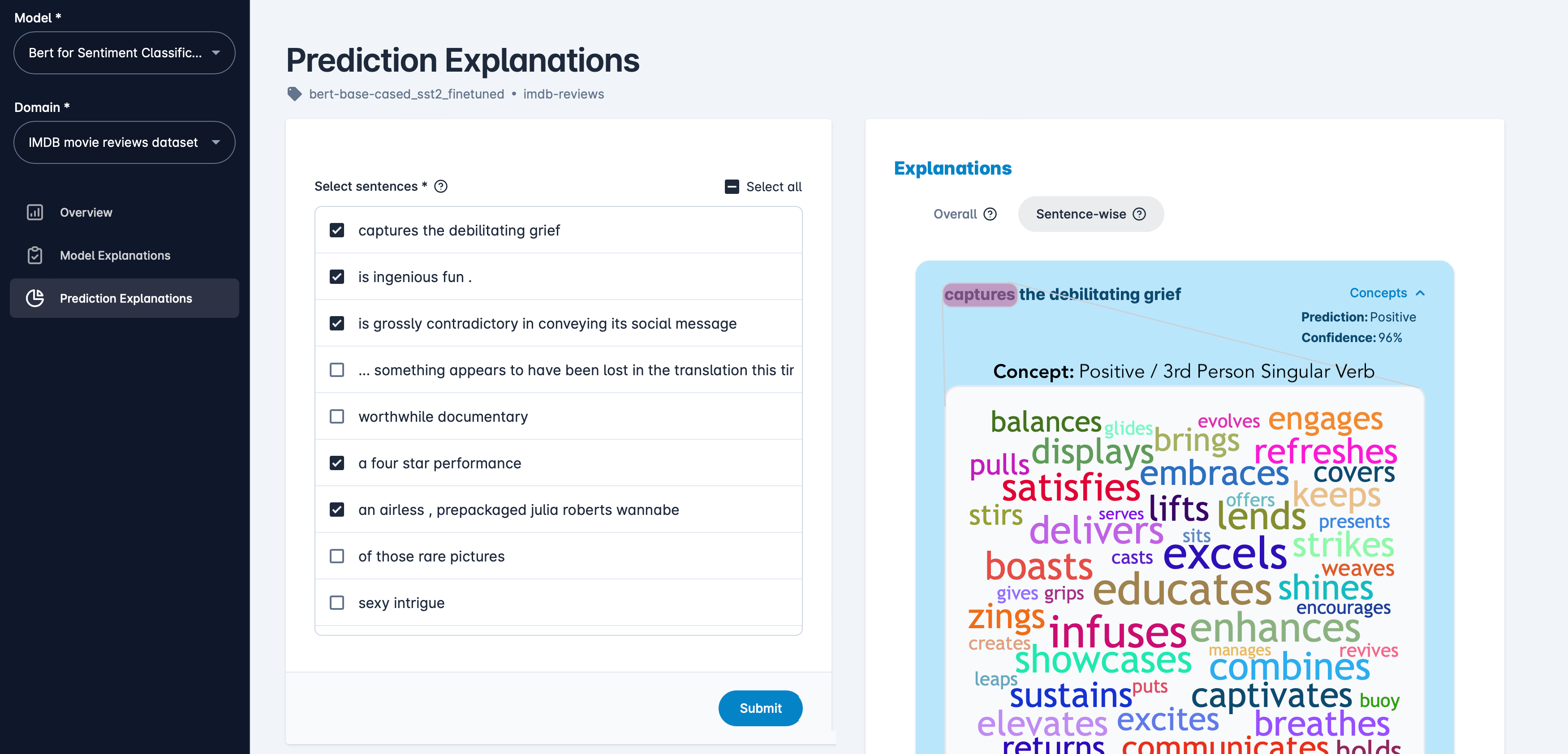 Figure 5: The prediction-explanation page showing latent concepts used during the prediction. The Integrated Gradients method highlights that capture is the most salient word used in the prediction. NxPlain connects it to the concept used along with its label. We observe here that the model used a concept representing positive verbs.