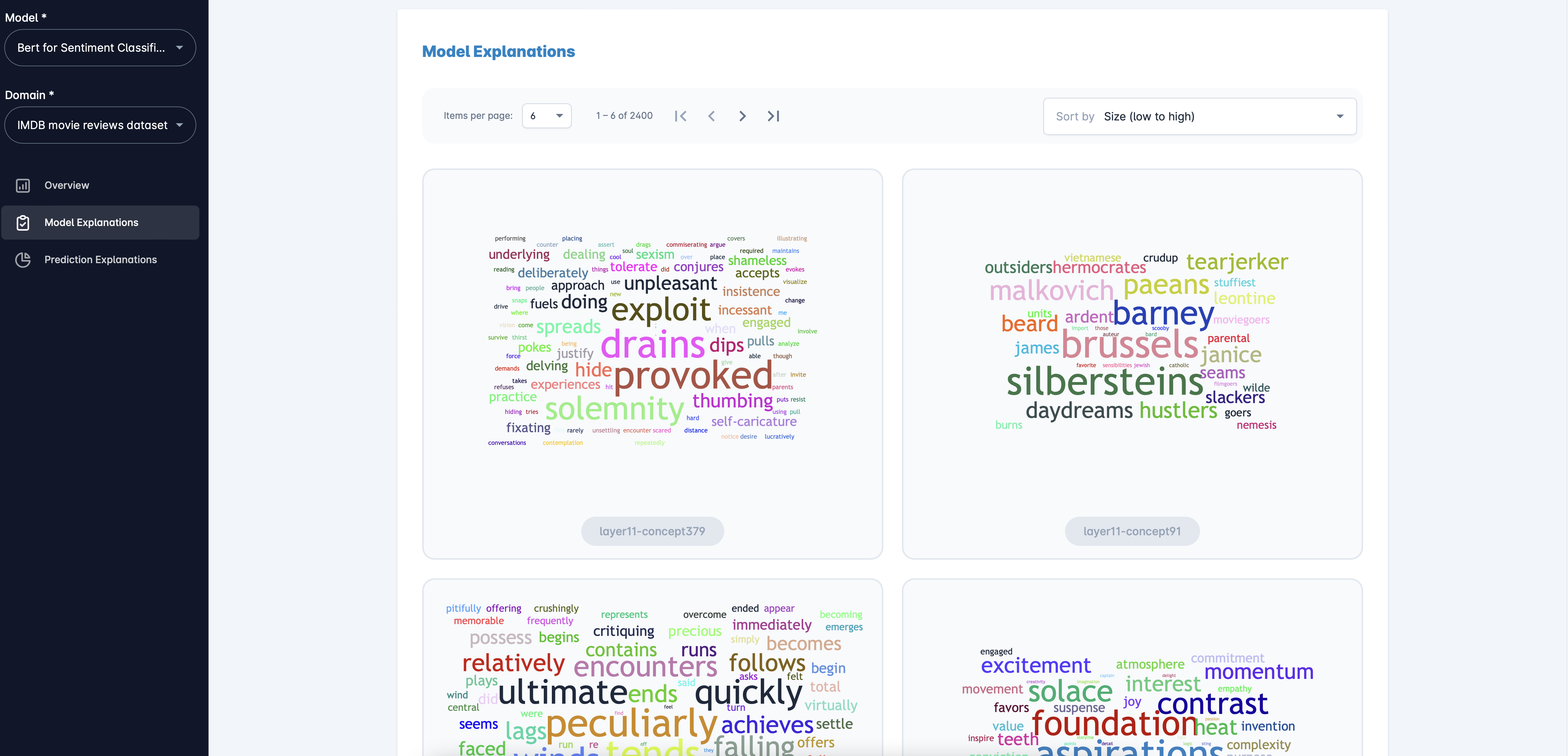 Figure 4: The model-explanation page showing latent concepts for the selected model and domain. Sorting and pagination controls allow a user to effectively browse and analyze concepts learned by the model.