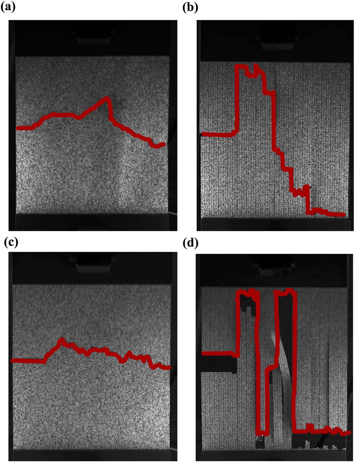 Figure 6: Notched paper sheets after fracture in displacement controlled tensile test, a) RP, b) DHP; and after creep test, c) RP and d) DHP. Sample size L=150 mm, notch length a=30 mm.