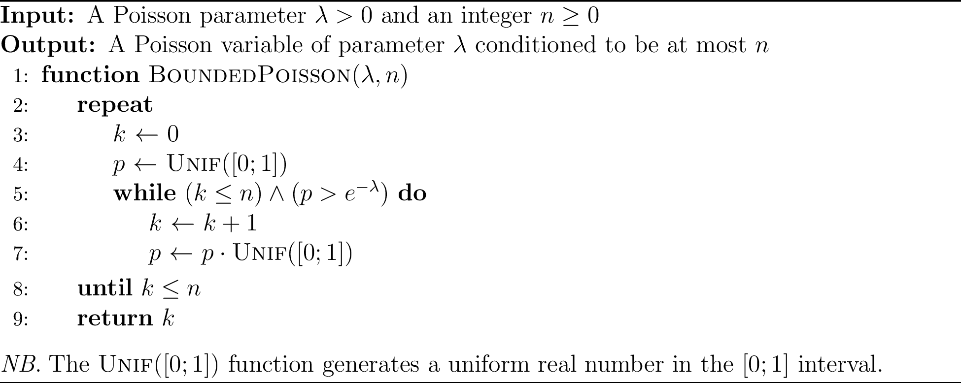 Figure 17: Adapted Knuth’s algorithm for bounded Poisson simulation