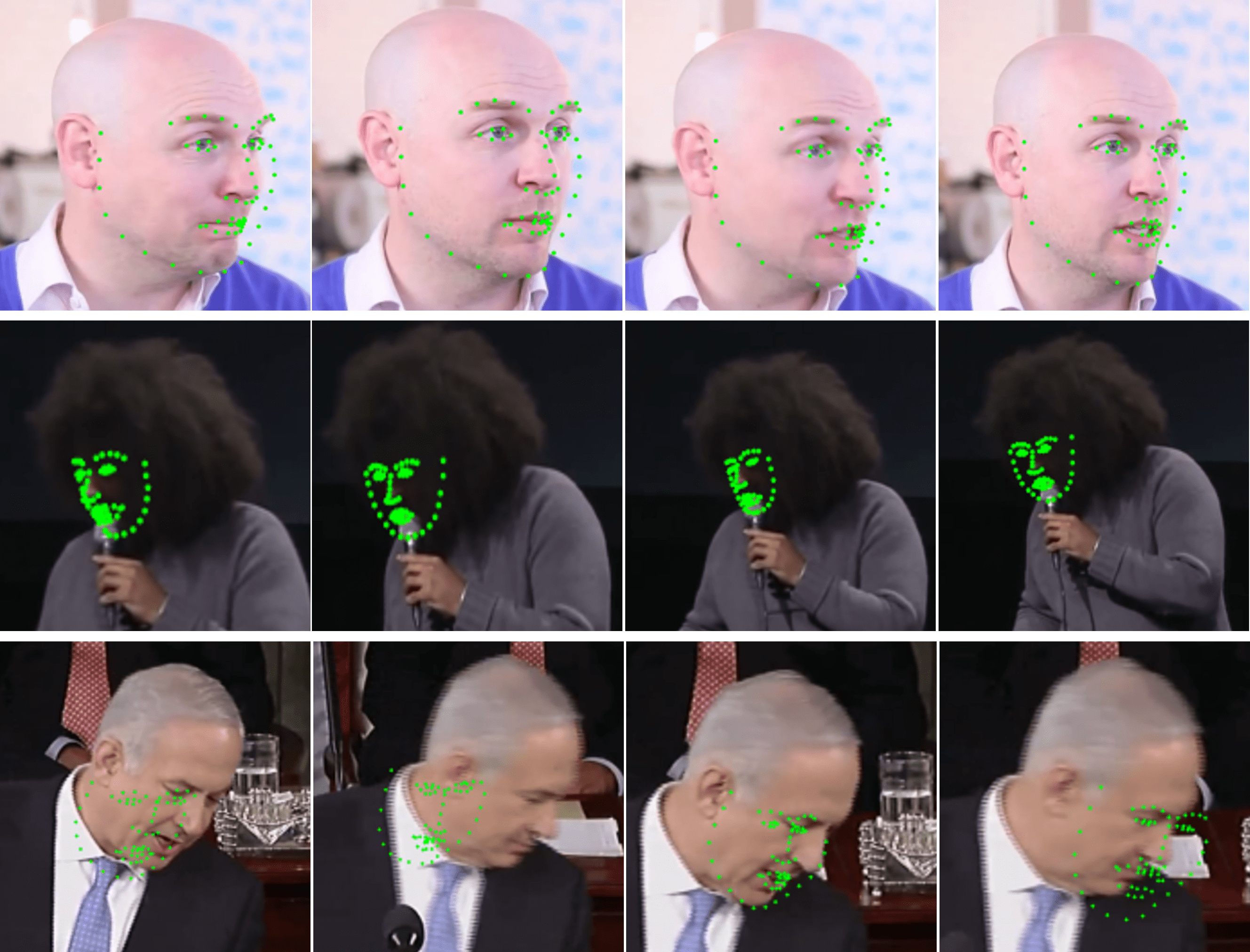 Figure 6: Examples of poorly labelled videos in the 300-VW dataset. We show three levels of labelling errors from top to bottom: medium, bad, very bad. Our new WFLW-V dataset uses much stronger labellers and was checked frame by frame to avoid such errors.