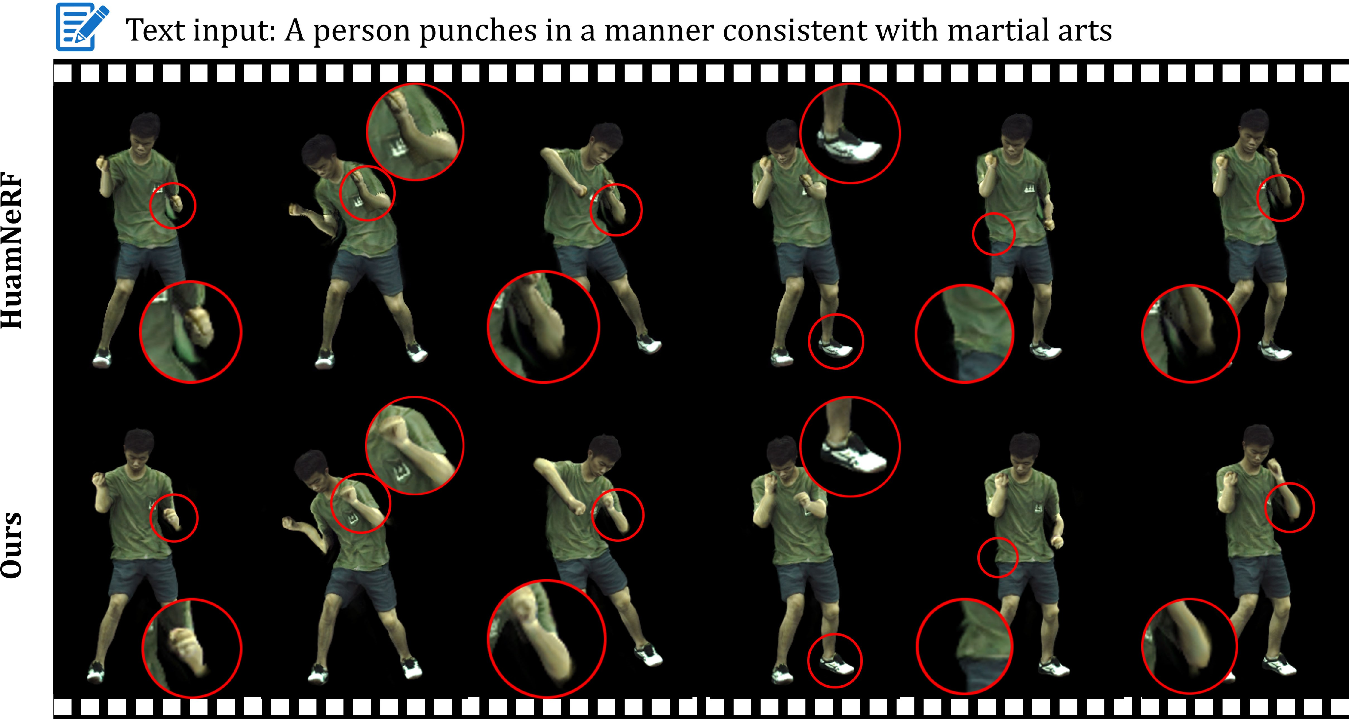 Figure 13: Qualitative results on challenge poses generated by MDM [58] through text input. We evaluate our method driven by challenge pose sequence generated by MDM model.