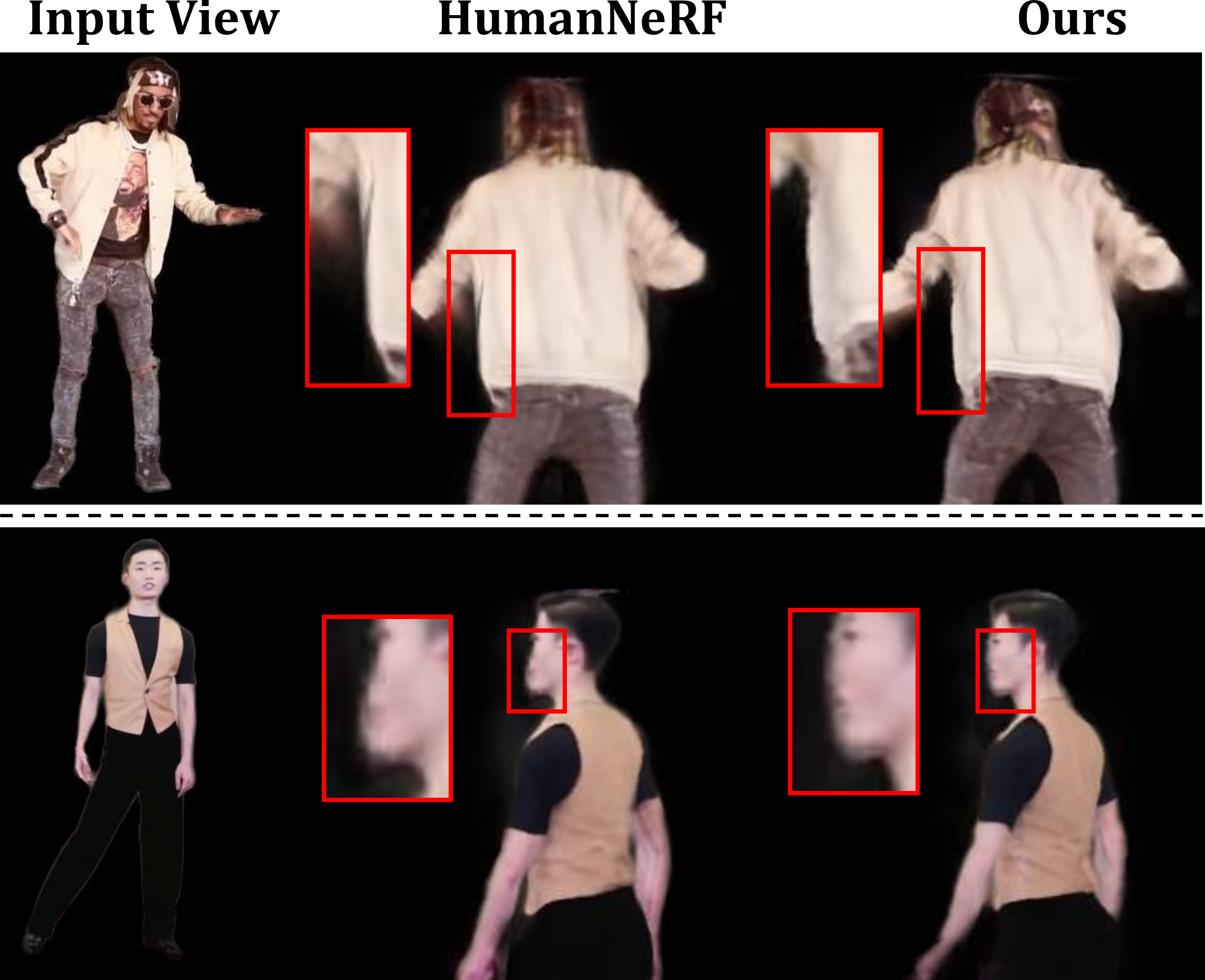 Figure 4: Qualitative results on novel view from Internet video. Top: invisible (video source), Down: Cha-Cha (video source)