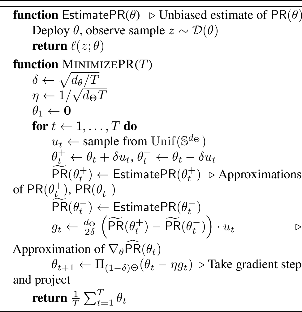 Figure 4: Bandit algorithm for minimizing convex and lipschitz \mathsf{PR}(\theta)